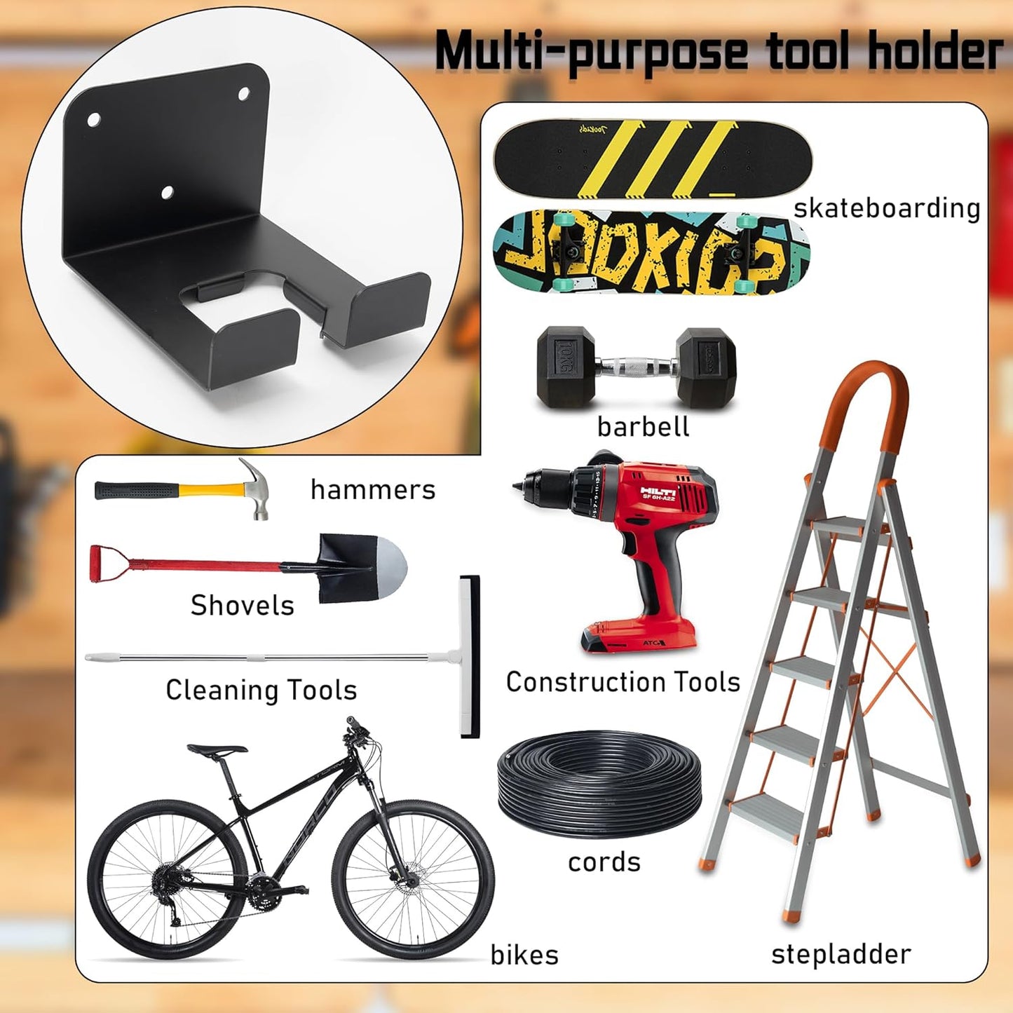 Weedeater Hanger, 3 Pack Weed Eater Hanger for Garage Wall-mounted Organizer Trimmer Rack Storage for Grass Trimmer, Hedge Trimmer, Garage Wall, Garden Tools, Black