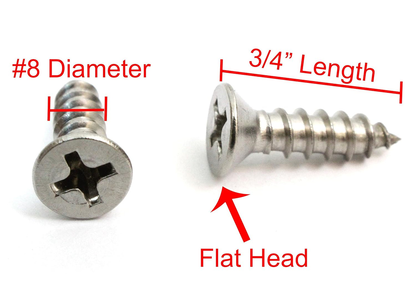 Bolt Dropper No. 8 x 3/4" Stainless Steel Flat Head Phillips Wood Screw, (100 pc), 18-8 (304) Stainless Steel Sheet Metal Screws- Type A Point, Plain Finish