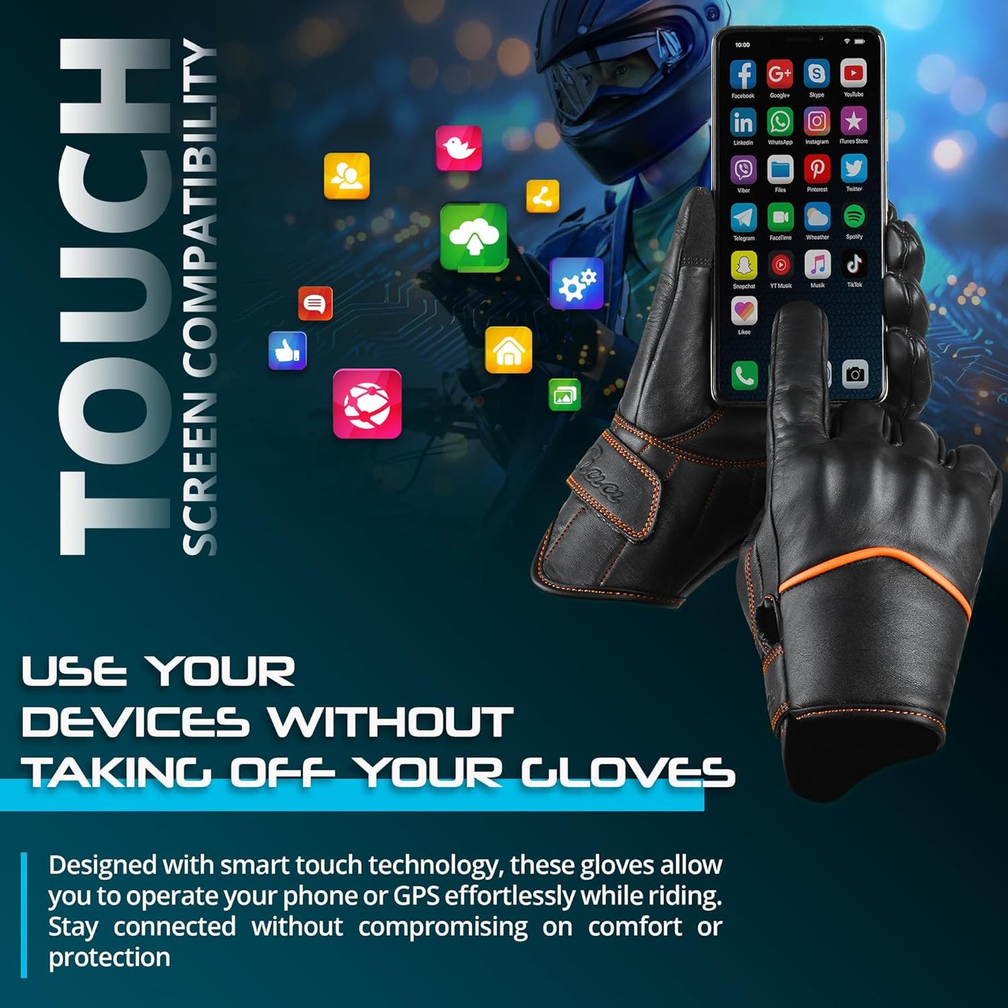 aasportx Motorcycle Gloves - Men's Leather Motorbike Gloves with Touchscreen Function - Non-Slip Pads for Men & Women