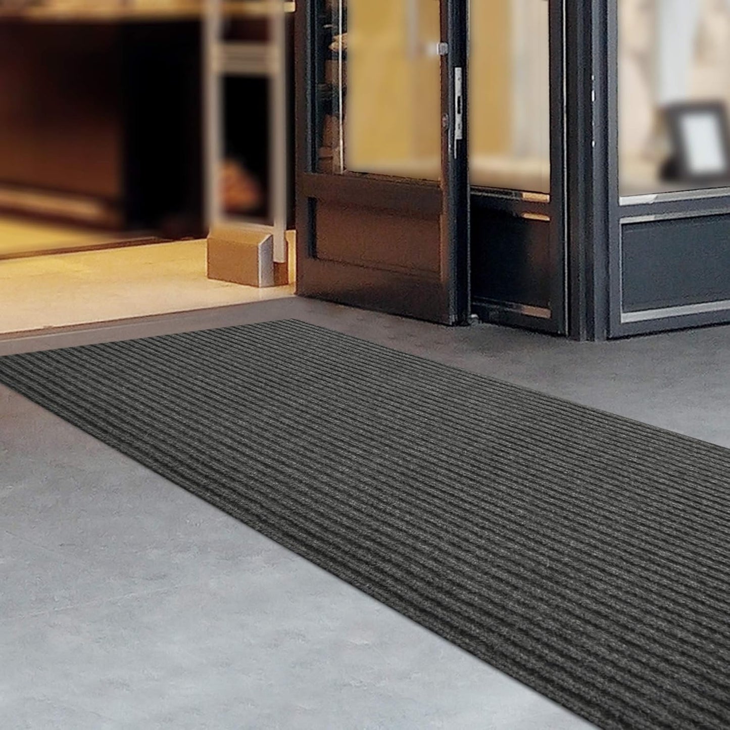 iCustomRug Spartan Weather Warrior Indoor/Outdoor Utility Ribbed Carpet Runner with Non-Slip Thermoplastic Rubber Backing, 3ft X 14ft in Charcoal