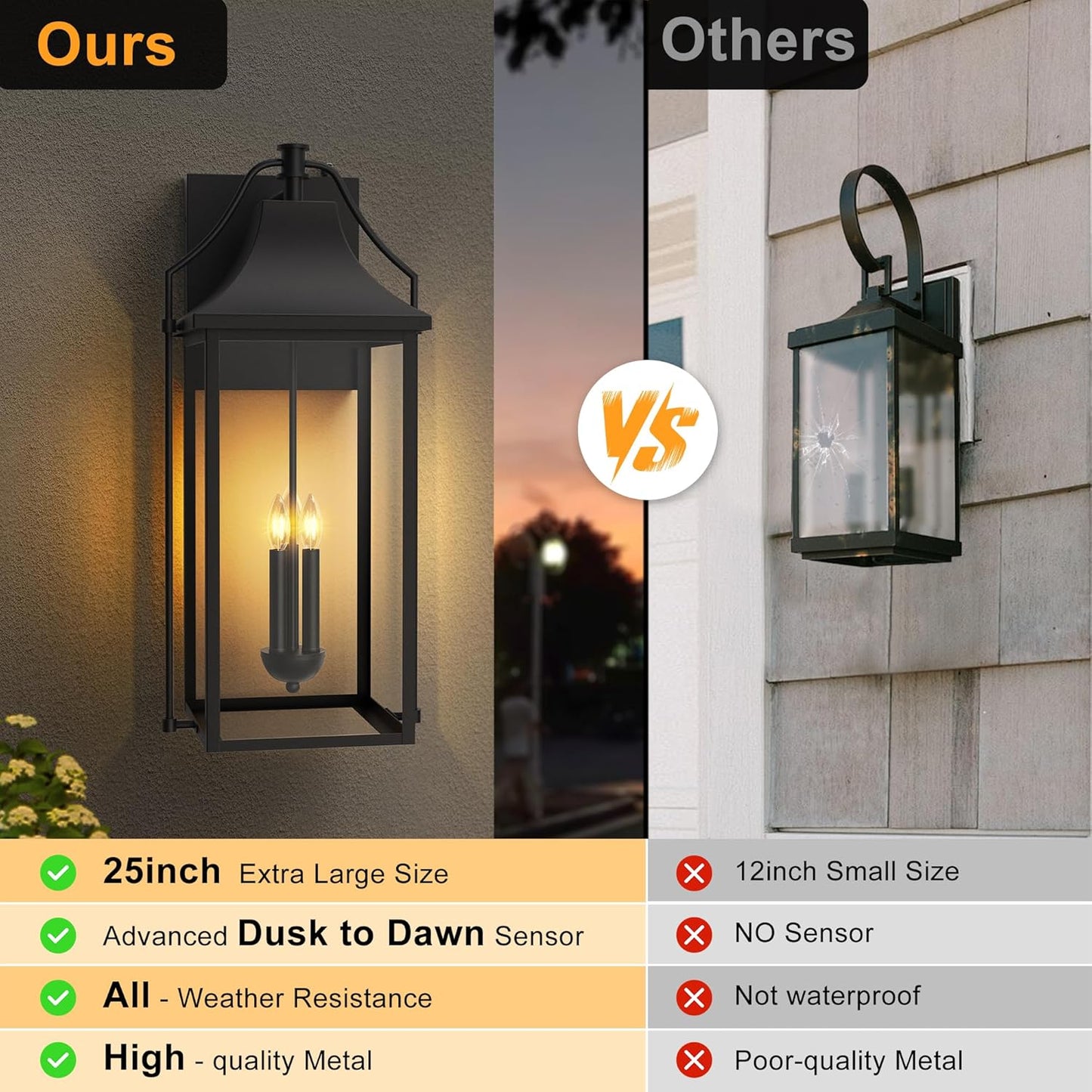 𝟐𝟓-𝐈𝐍𝐂𝐇 Dusk to Dawn Outdoor Wall Light, Large Size Waterproof Patio Lanterns, 3-Light Exterior Wall Mount Lantern Sconce with Glass, Black Wall Sconces for House Garage Front Door