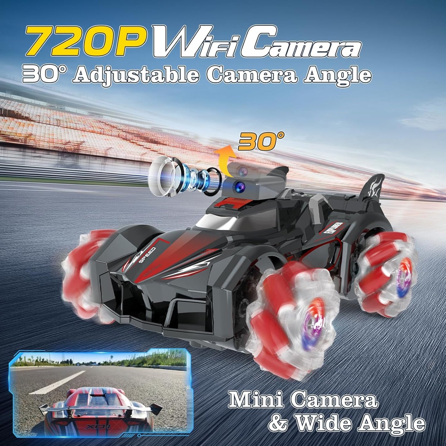 Yasola RC Car with Camera for Kids, Remote Control 360° Rotating High Speed Stunt Vehicle Toy for Boys and Girls, Rechargeable Racing Drift Cars with Flashing Lights and Dynamic Sound for Adults