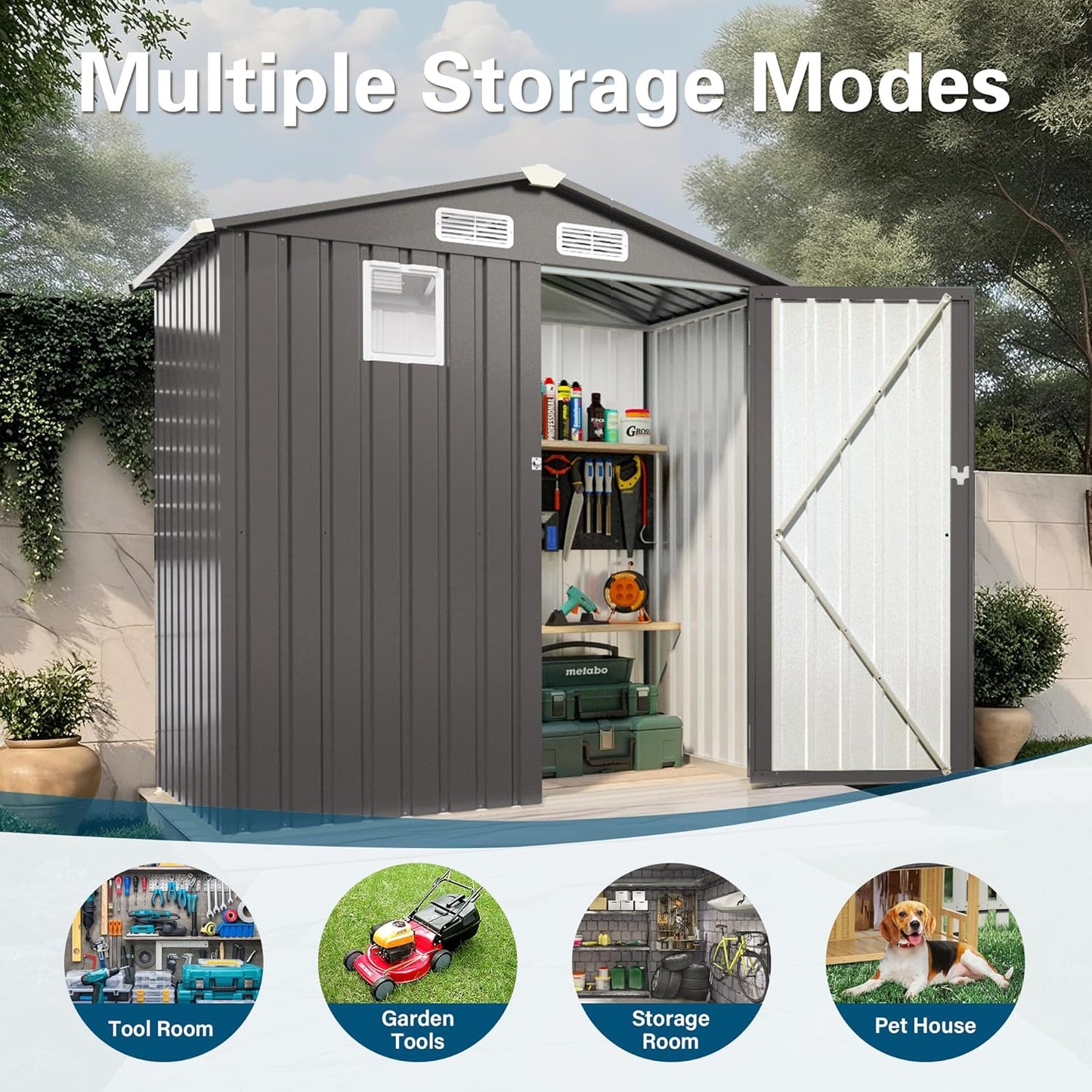 6 x 4 FT Outdoor Storage Metal Shed, Bike Garden Tool Shed with Slooping Roof, Lockable Doors and Aluminum Frames, Shed Easy to Assemble for Garden, Patio, Lawn, Black
