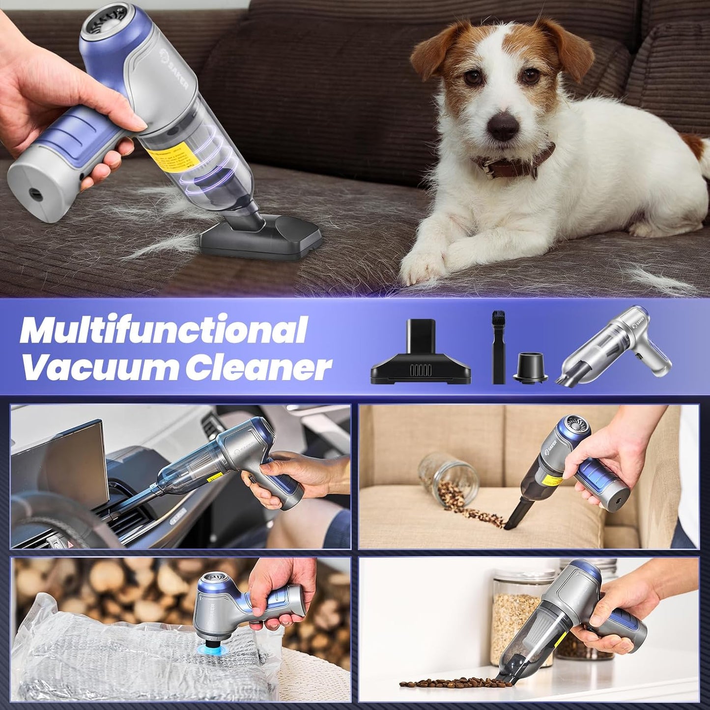 Saker Car Vacuum Portable Cordless 15000PA,3 in 1 Handheld Vacuum with Brushless Motor for Car, Office and Home Cleaning Blue HL107B