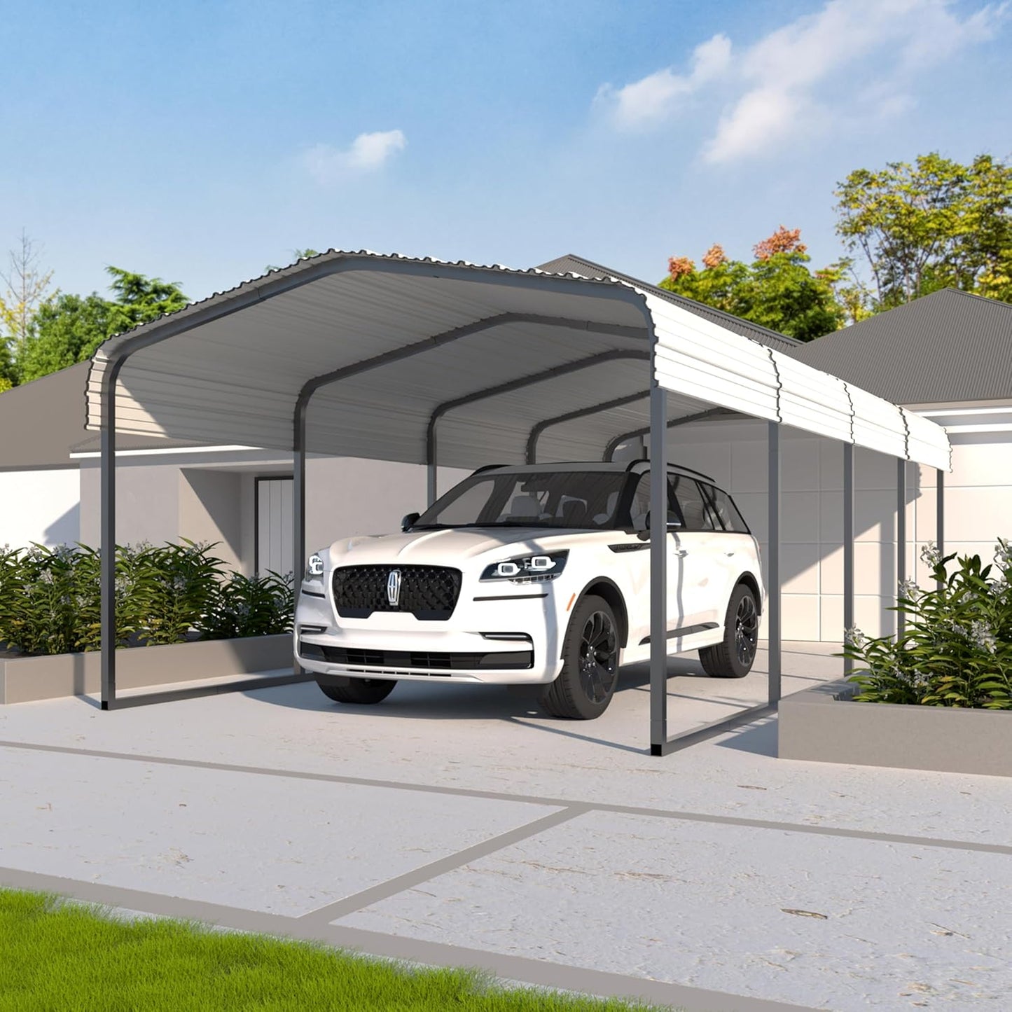 12x20 FT Outdoor Carport with Metal Roof, Heavy Duty Metal Carport Canopy, Garage Car Shelter Shade for Car, Truck, Boat, Eggshell