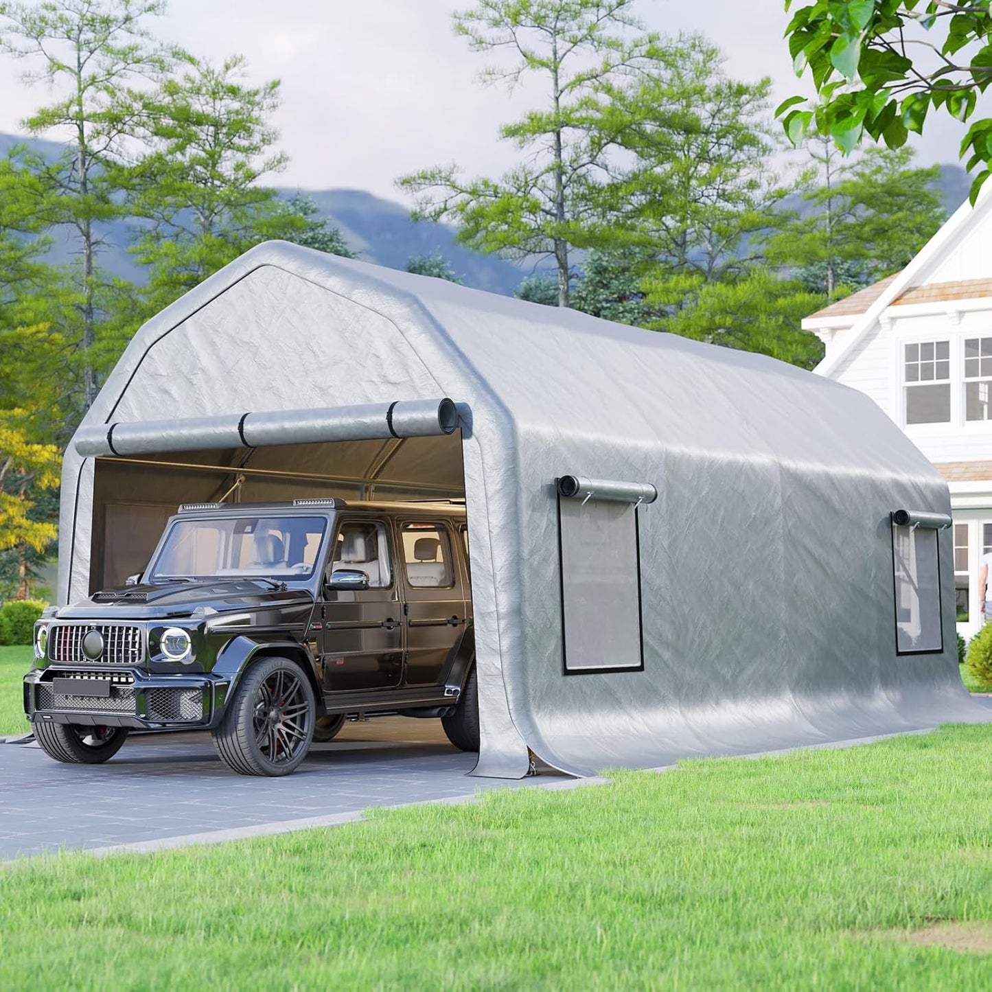 AMERLIFE 12x24 FT Heavy Duty Carport Garage Canopy, All-Weather Steel Frame Outdoor Shelter with Roll-Up Door & 4 Vented Windows, UV-Proof Waterproof Portable Storage for Cars, Boats, Silver