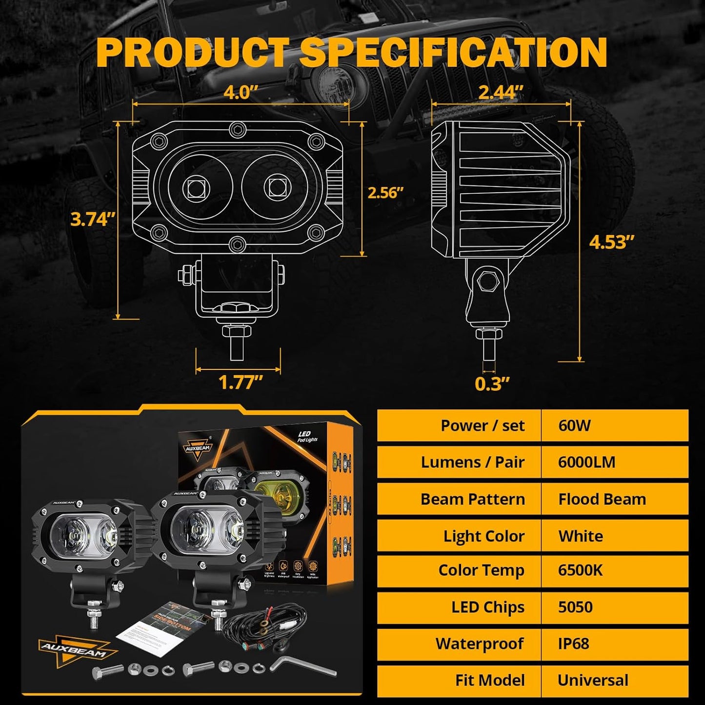 Auxbeam 4 Inch LED Light Pods, 60W Square Offroad Driving Light Super Bright 120° White Broad Flood Beam Pods Light with Off Road Wiring Harness for Wrangler Truck Pickup SUV ATV UTV (2 Pcs)