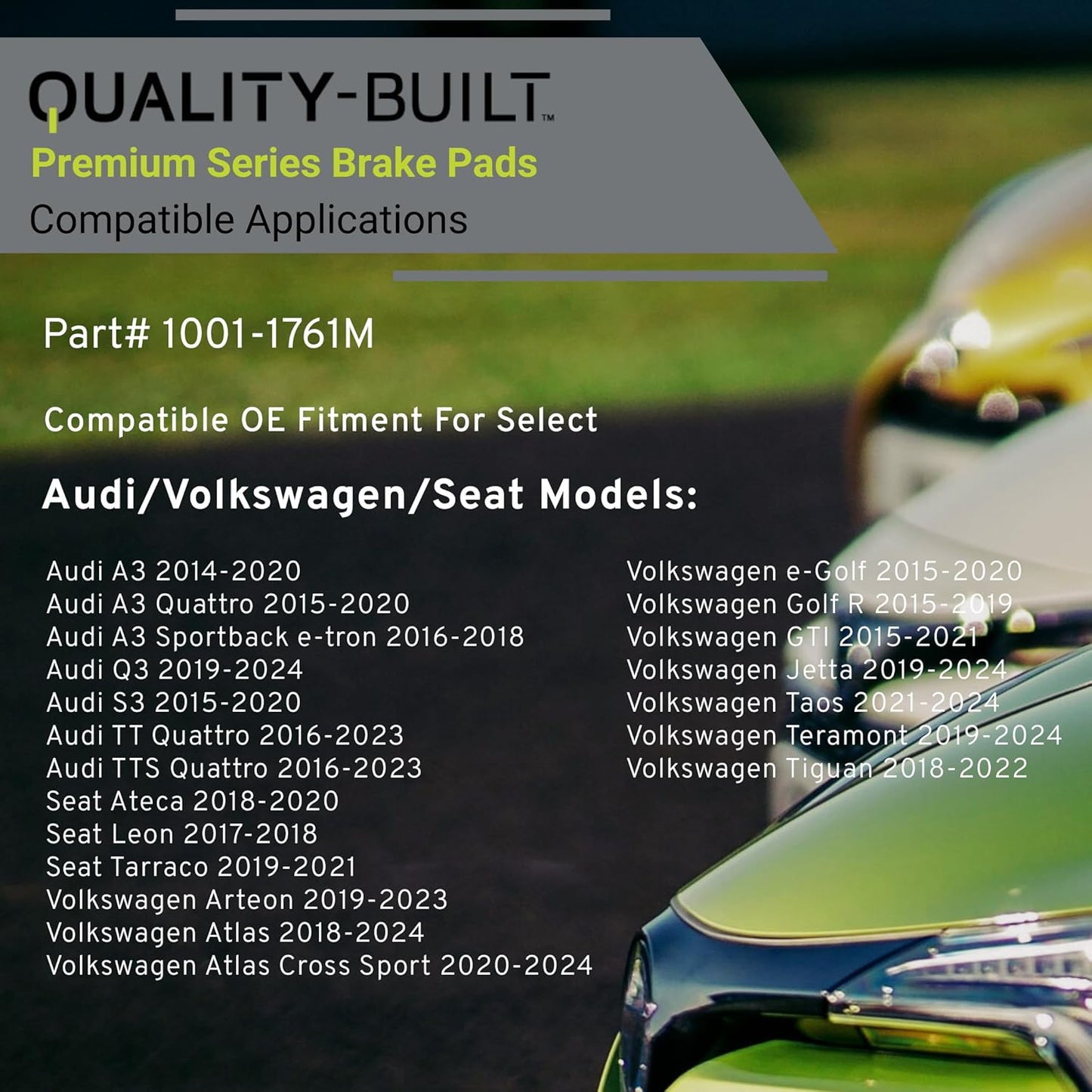 Premium Semi-Metallic Rear Brake Pads (1001-1761M) Compatible with 2014-2024 Audi/Volkswagen (A3/A3 Quattro/Golf R/GTI/Jetta/Q3/S3/Tiguan/TT Quattro/TTS Quattro & More)