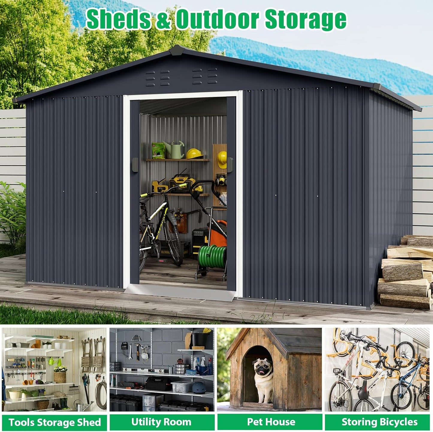 Outdoor Storage Shed 12 x 10 Ft, Outdoor Tool Metal Shed with Lockable Door, Air Vents and Sloping Roof, Metal Aluminum Waterproof Tool Sheds for Yard, Garden, Patio, Garage, Lawn, Gray