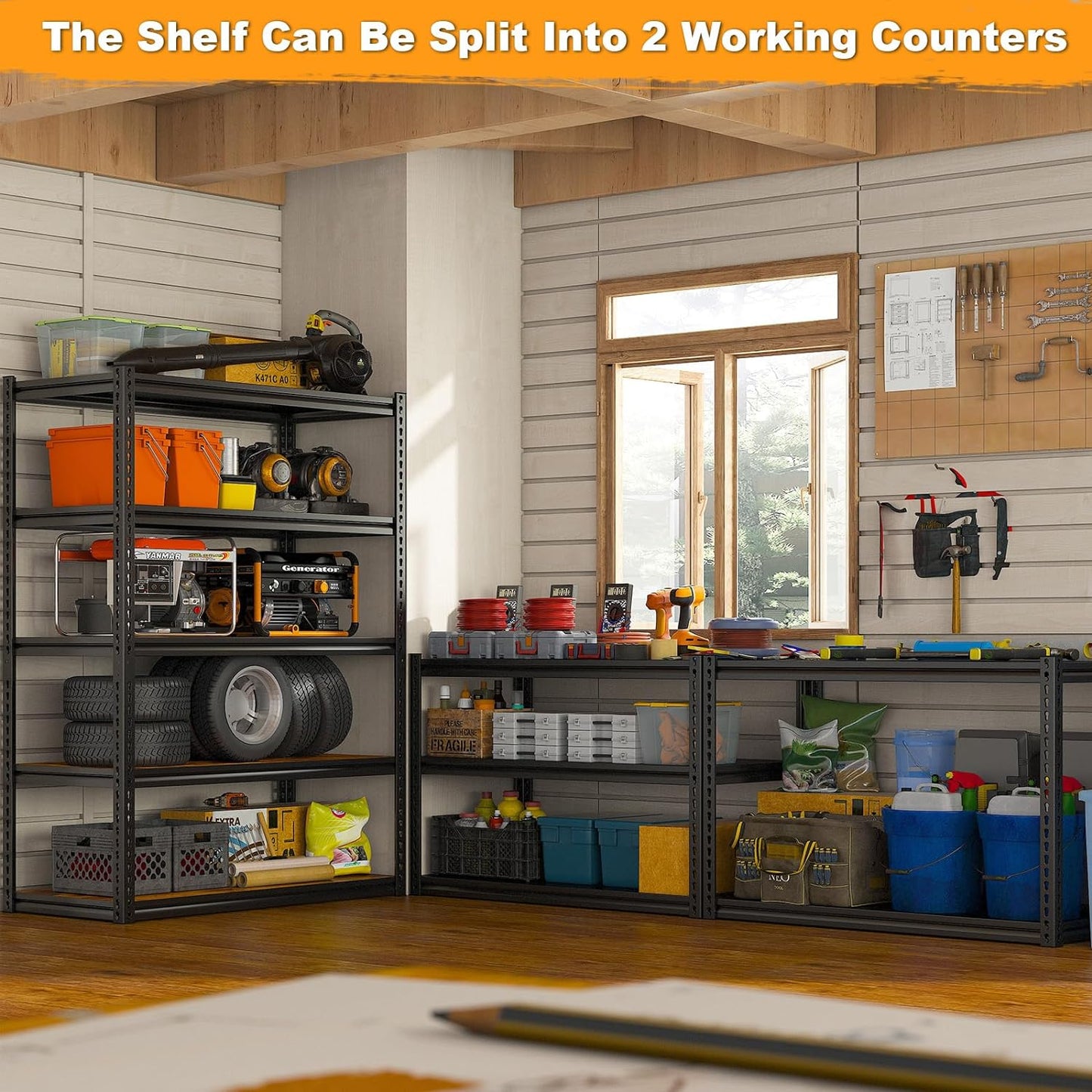 REIBII Garage Shelving 2500LBS Storage Shelves Adjustable Metal Shelving Heavy Duty Shelving 65.7" H Metal Shelves for Pantry Kitchen 15.35" D x 33.85" W x 65.74" H Black