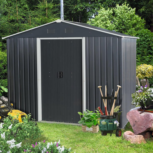 6x8 FT Outdoor Storage Shed, Metal Garden Shed with Frame Floor, Outside Tool Shed with Lockable Sliding Doors, Waterproof Storage Building with Sloped Roof for Backyard, Patio, Lawn, Black