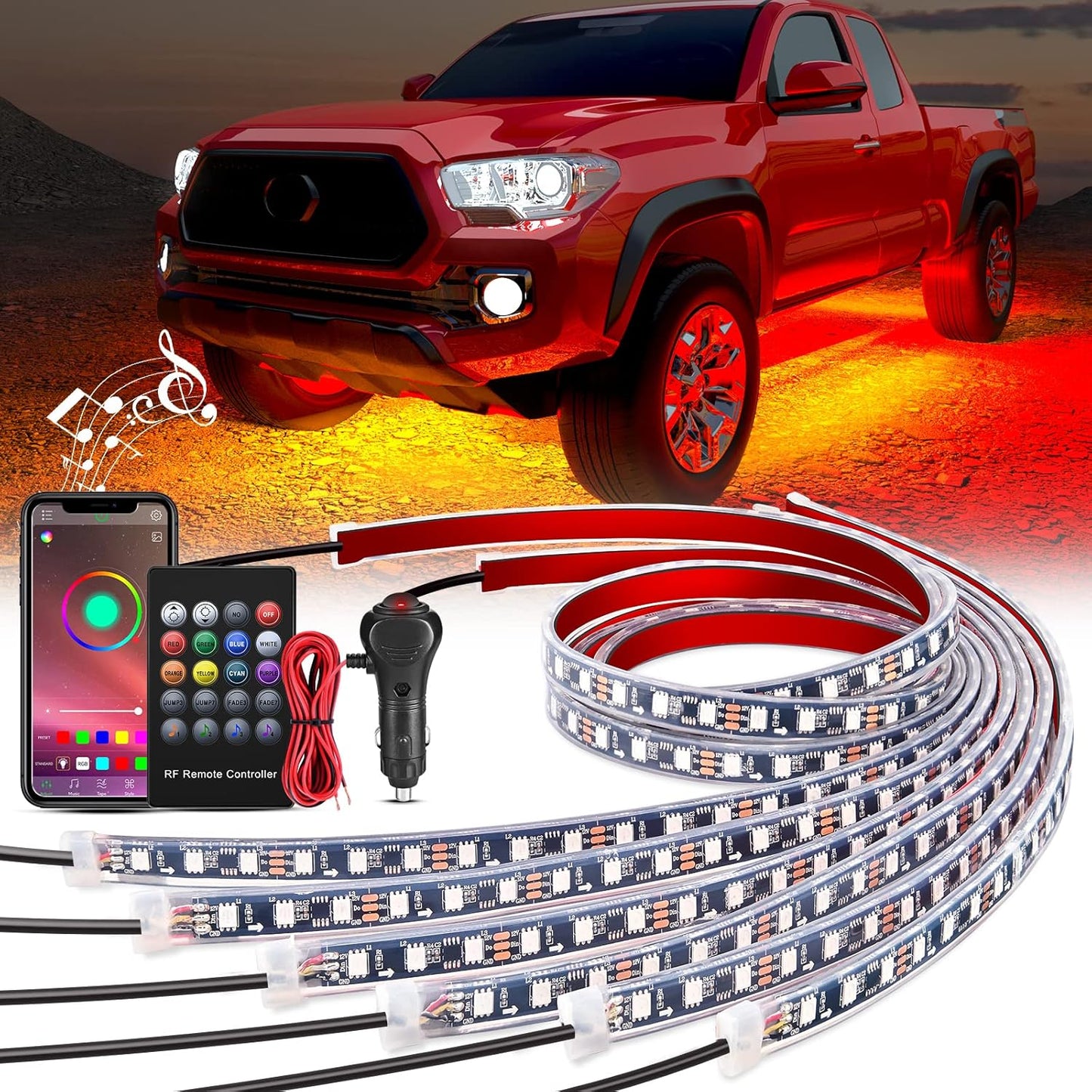 Nilight 6Pcs Car Underglow Neon Accent Strip Lights 300 LEDs RGB Multi Color DIY Sound Active Function Music Mode with APP Control and Remote for Van SUV Truck