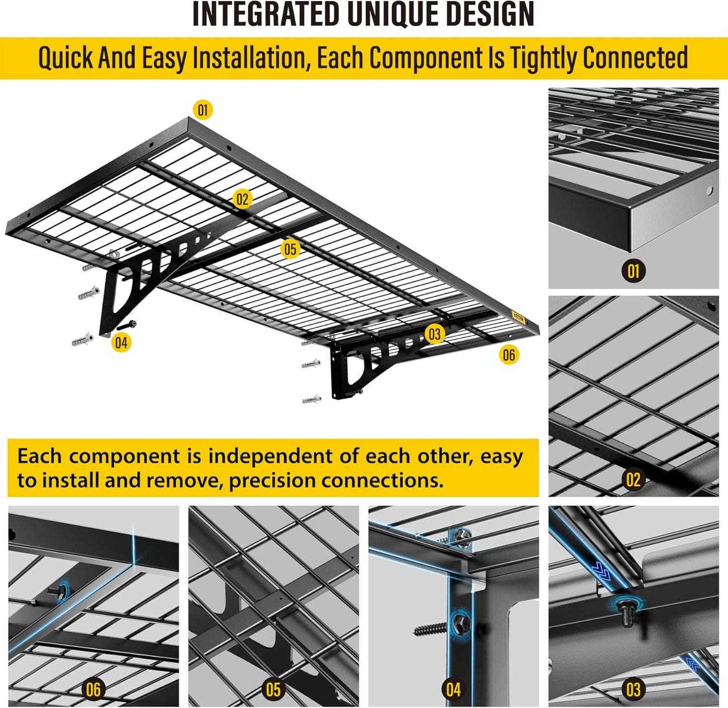 1.64x4ft 4Pack Wire Shelving Unit Heavy Duty Garage Storage Shelves Wall Mounted Black 1120lbs Load Capacity（20-inch-by-48-inch）