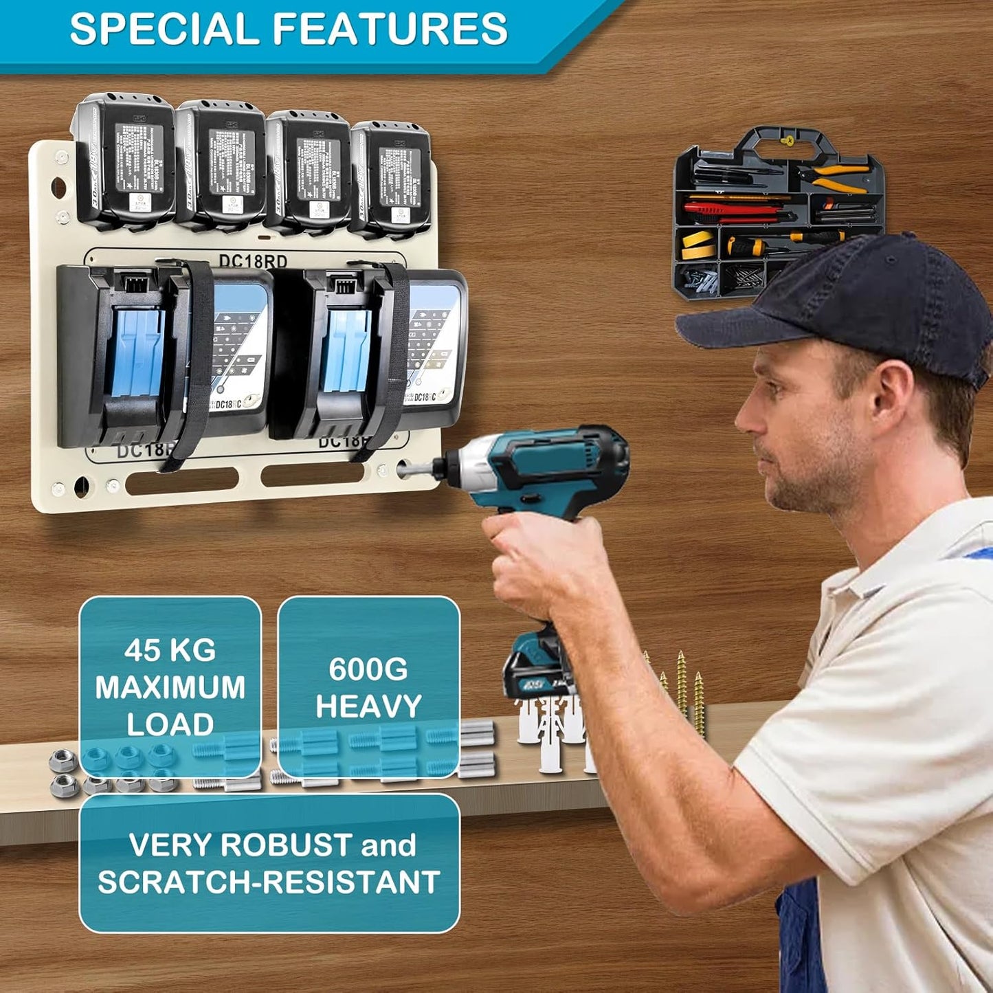 FETESNICE Wall Mount for Makita Battery Holder and DC18RD DC18RC Charger,6mm Thick Holder for Makita Wall Mount Charger,Perfect Organizer for Your Makita 14.4V/18V Tools and Accessories