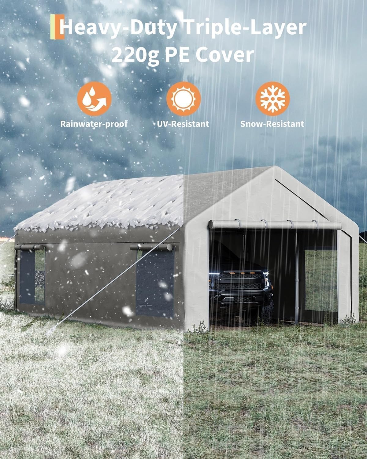 13 x 25FT Heavy Duty Carport with Roll-Up Windows, Portable Garage with Removable Sidewalls & Doors, Portable Car Tent Garage with Roll-Up Windows and All-Season Tarp, for Car, Truck,