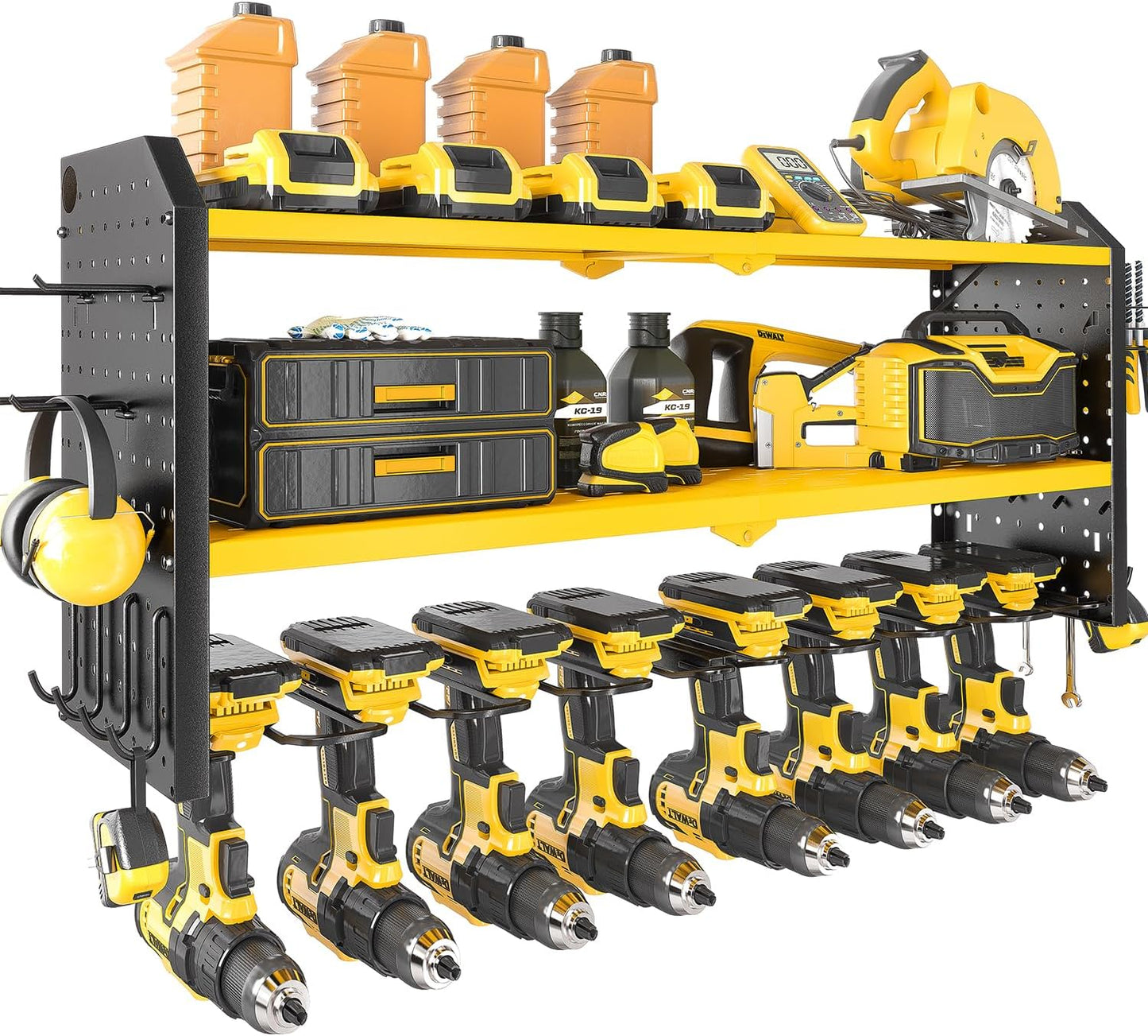 KAFAHOM Power Tool Organizer,Large 8 Drill Holder Wall Mount with 2 Side Pegboards,Metal Tool Shelf with 12 Hooks,Storage Rack for Garage Organization,Utility Cordless Drill Holder - Yellow