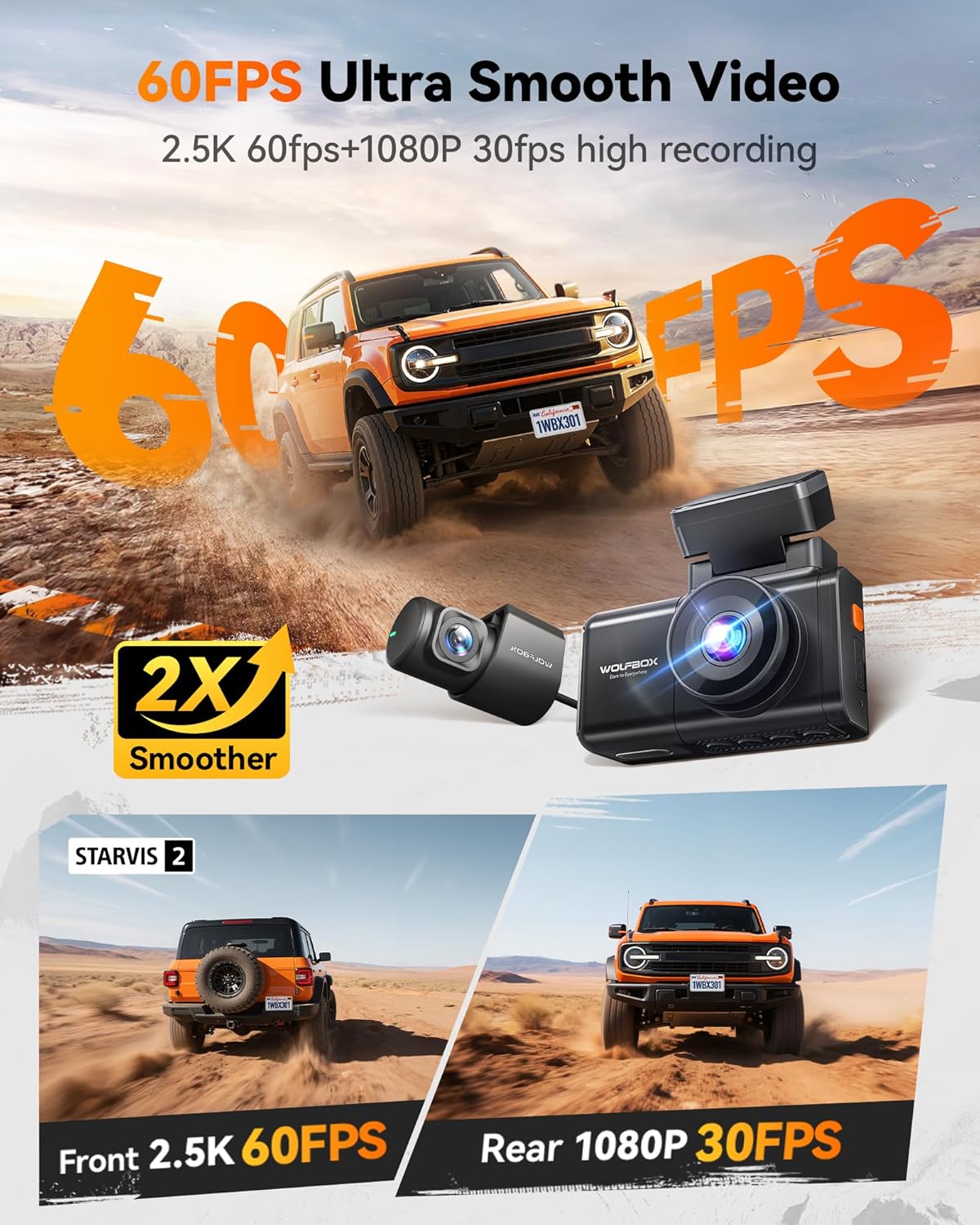 WOLFBOX X3 2.5K 60FPS Dash Cam, STARVIS 2 IMX675 with ADAS, 2.5K+1080P Dual Dash Cam Front and Rear, Built-in 5.8GHz WiFi & GPS, Included 64GB Card, Touch Screen, G-Sensor, Loop Recording
