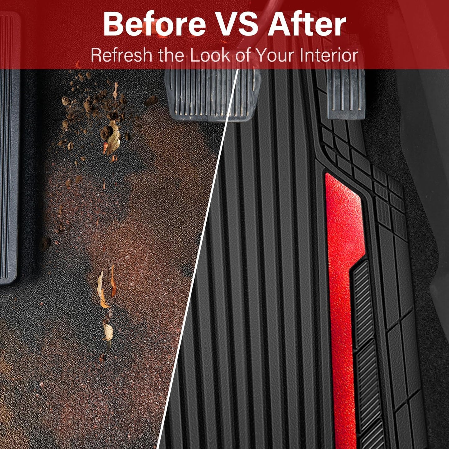 CAR PASS Heavy Duty Rubber Car Mats Metallic, Aluminum Film All Weather Floor Mats Waterproof Universal Trim to Fit Automotive SUV Sedan Van 4 Piece Anodized Deep Dish Two-Tone Sporty Black Red Chrome