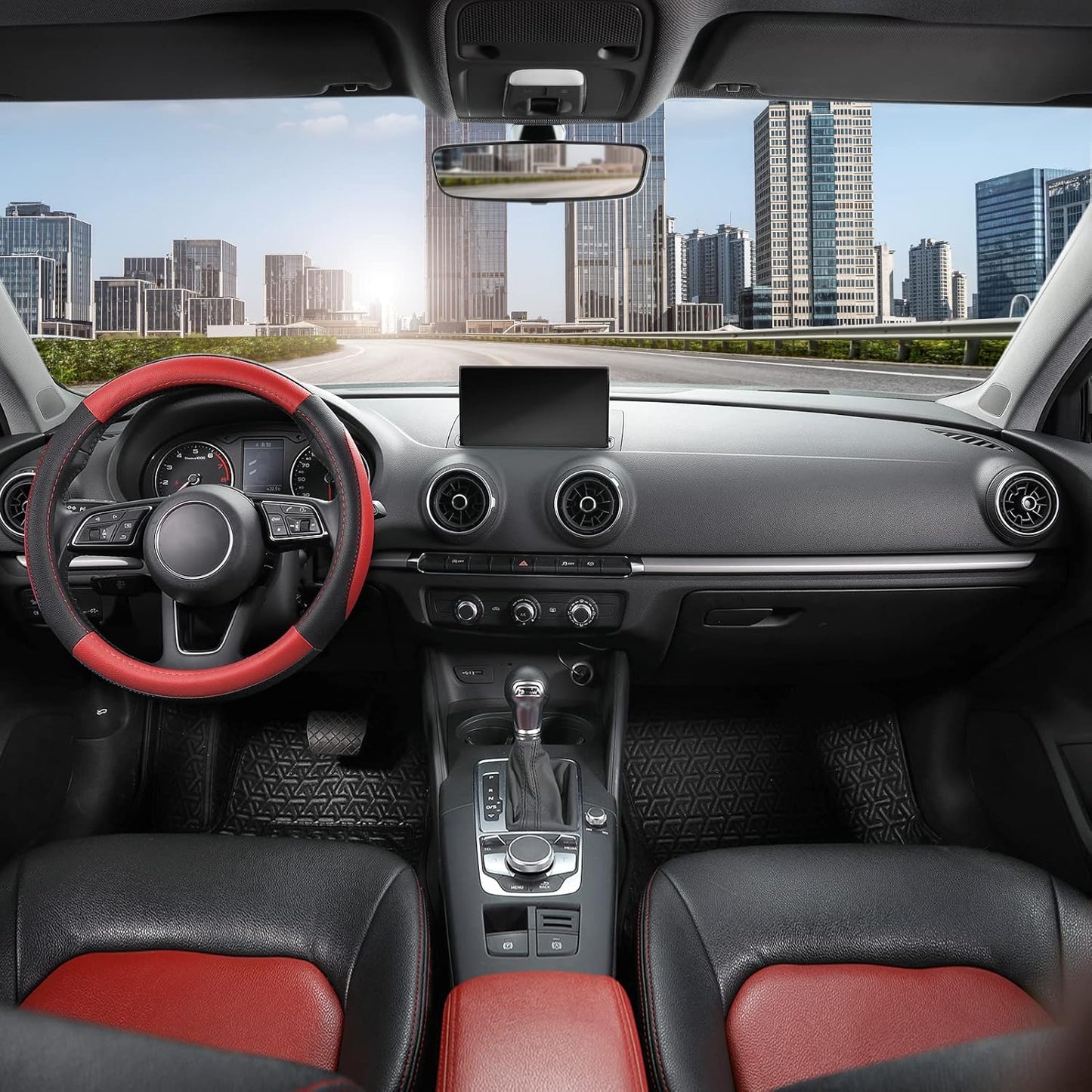 SEG Direct Car Steering Wheel Cover Universal Standard Size 14.5-15 inch, Black and Red Microfiber Leather