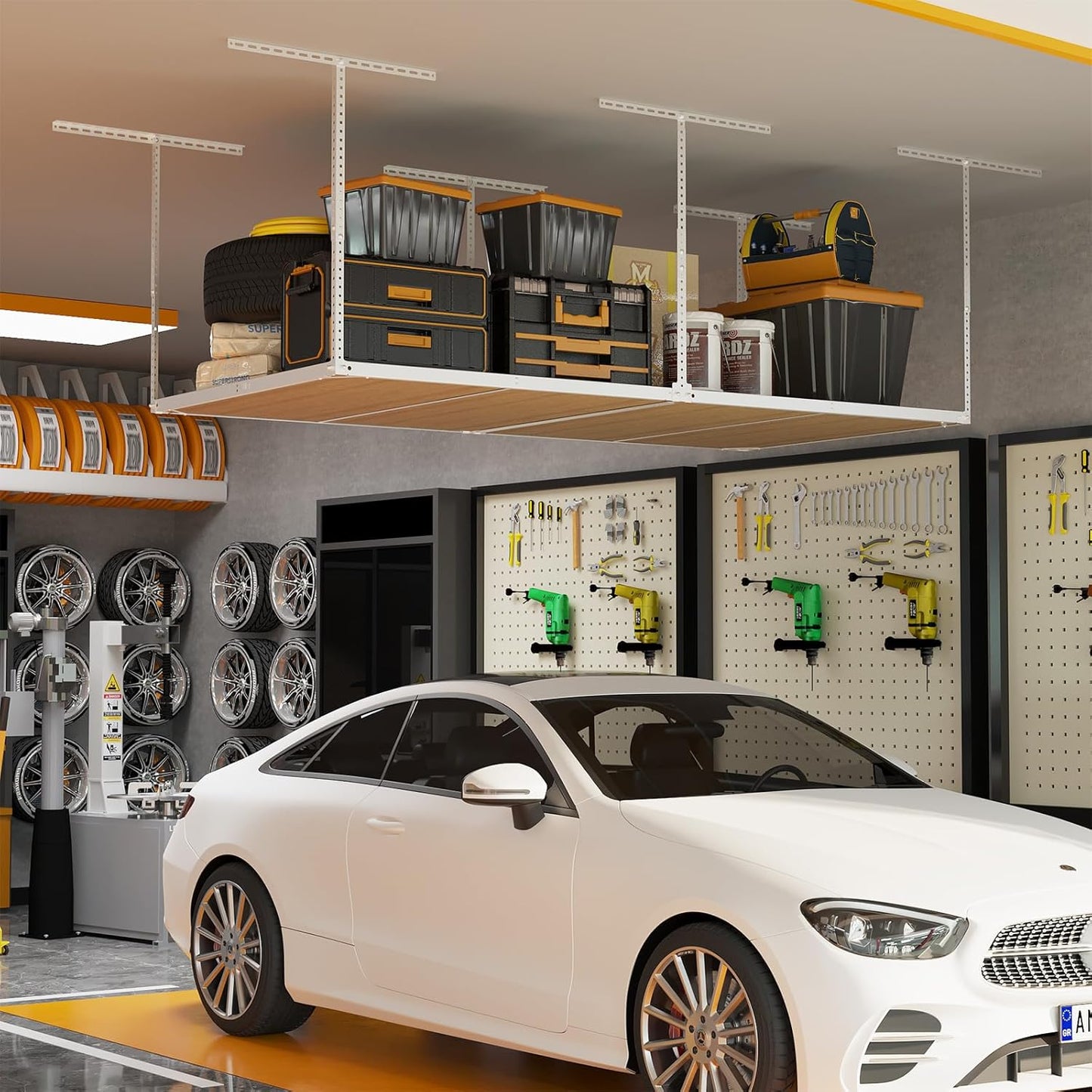 4x8ft Overhead Garage Storage Rack Wooden Decking Not Included, Heavy Duty Metal Rack, Adjustable Ceiling Dropdown, 600lbs Weight Capacity (White)