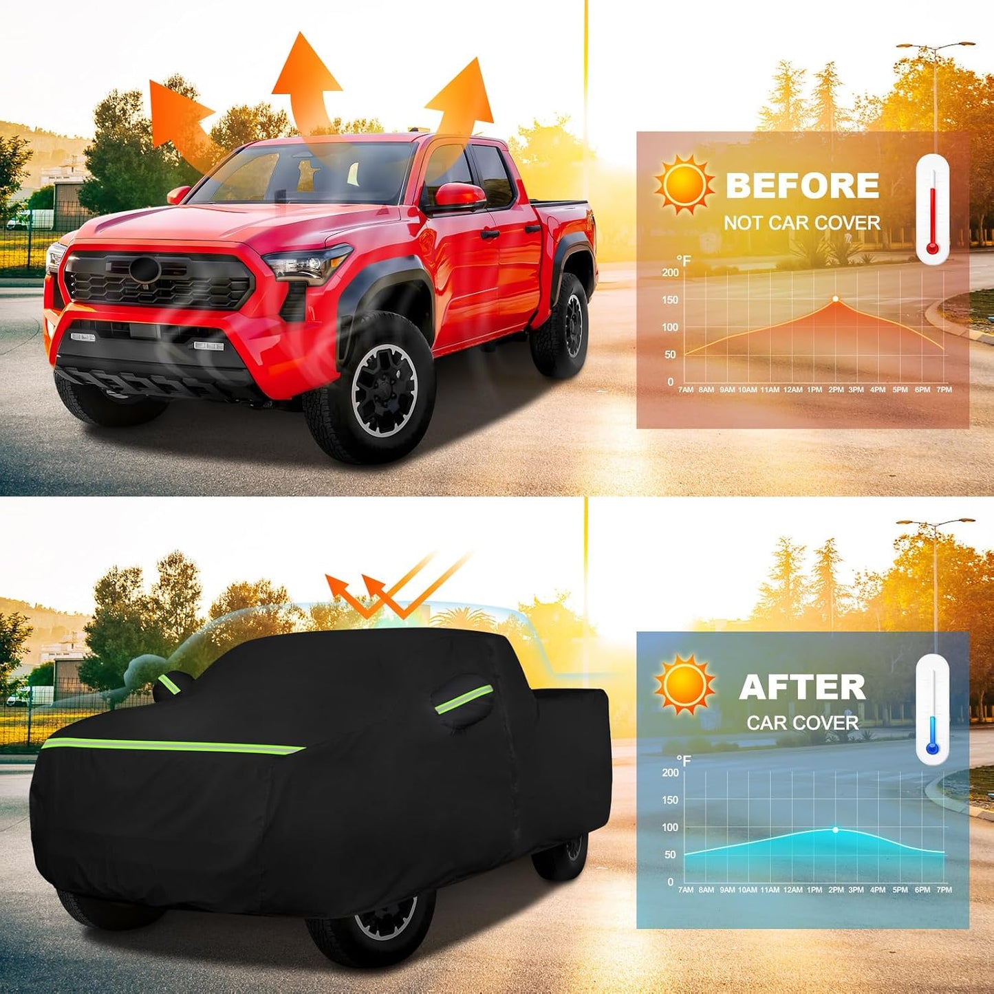 QUNSUNUS Car Cover for Toyota Tacoma 2005-2024, Waterproof Truck Cover with Zipper, All Weather Full Exterior Cover with Straps and Elastic for Wind, Sun, UV and Dust Protection