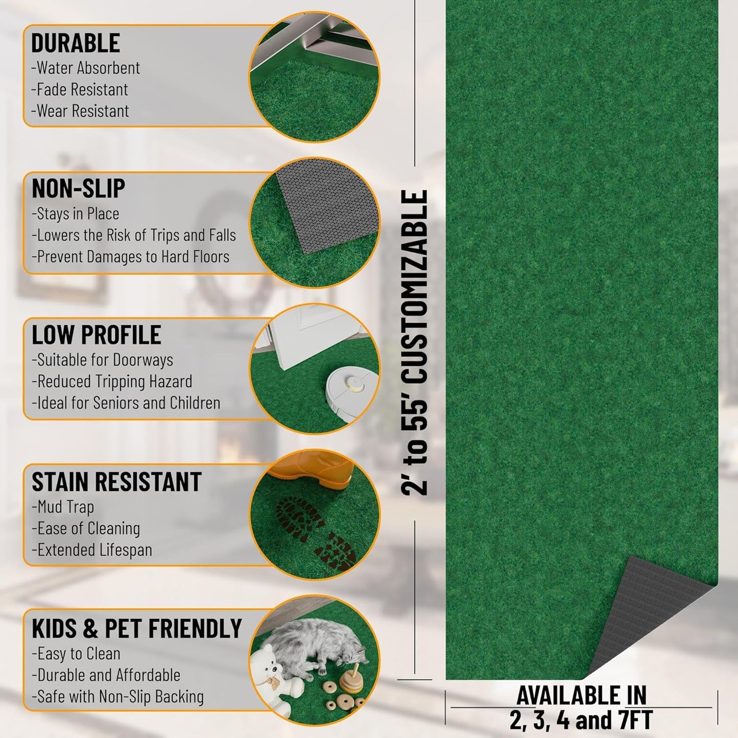 Ottomanson 2' x 8' Hallway Runner with Scraper Pile Extra Durable Non-Slip Rug Mat for Indoor & Outdoor Use - Ideal for Kitchen, Entryway, Patio & Garage - High-Traffic Carpet, Green