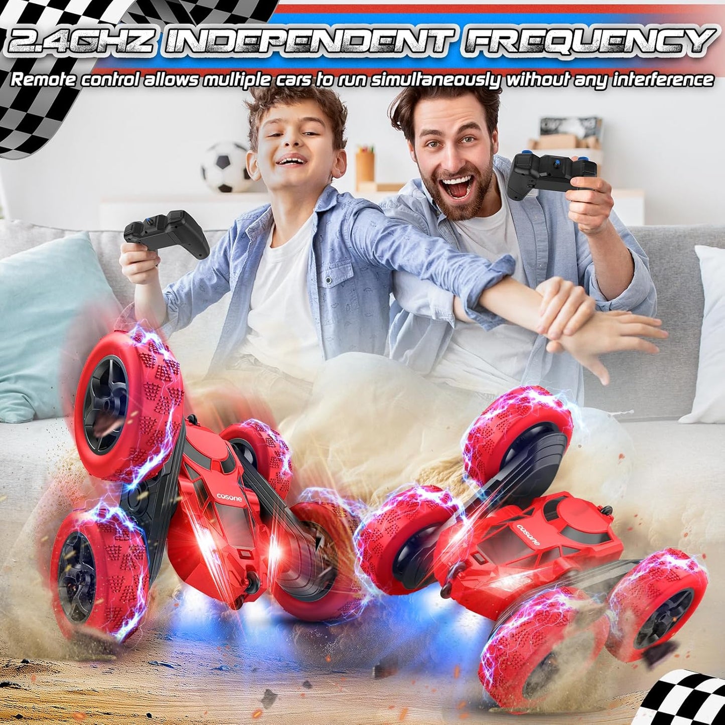 Remote Control Car for Boys - Car Toy for Kids Age 6 7 8 9, 4WD 2.4Ghz Double Sided 360° Rotating RC Cars with Headlights, Christmas Birthday for Boys and Girls - Red