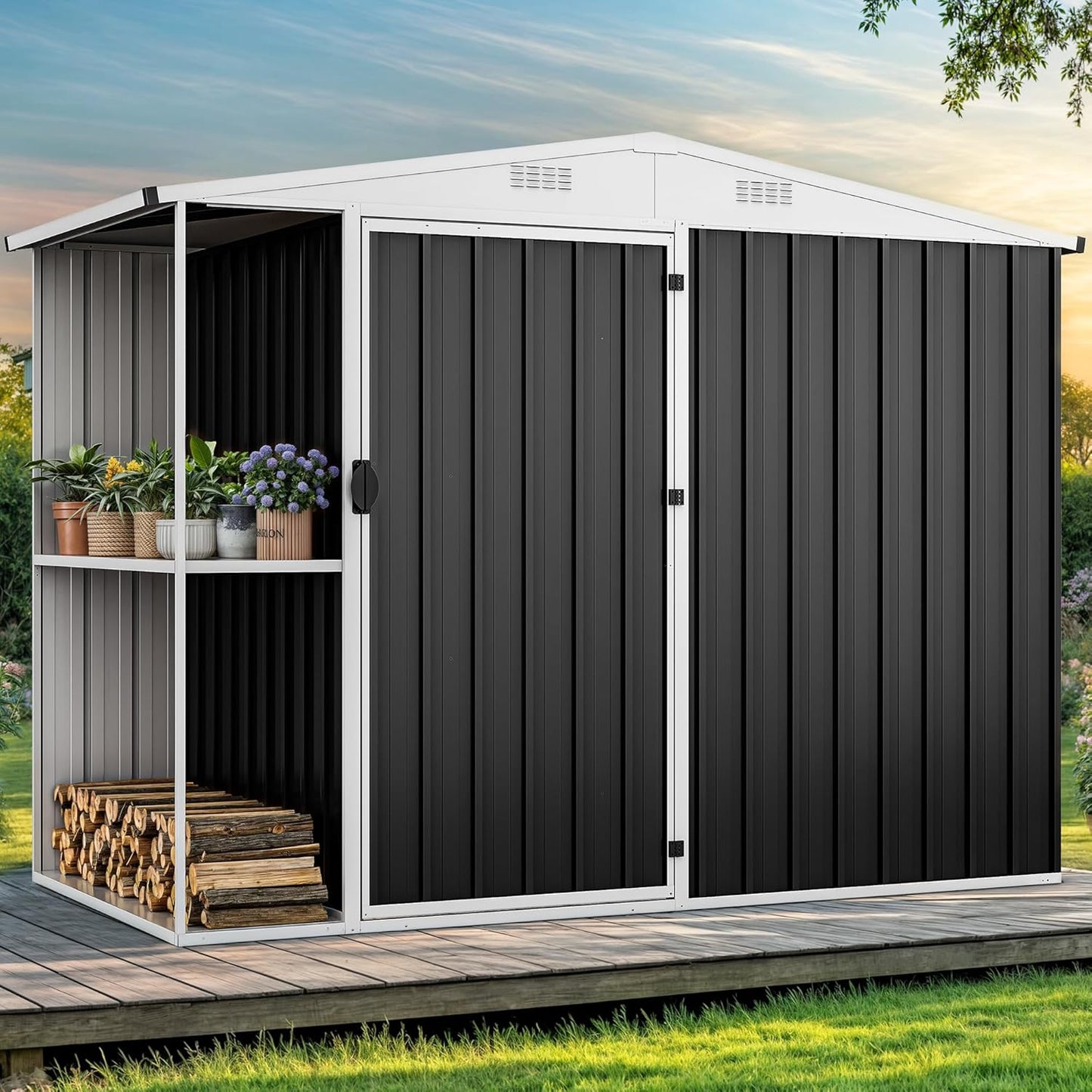 DWVO Outdoor Storage Shed 8x4FT with Rack, Metal Garden Shed with Storage Shelves, Bike Storage Tool Cabinet Box for Lawn Backyard Patio Use, Dark Gray