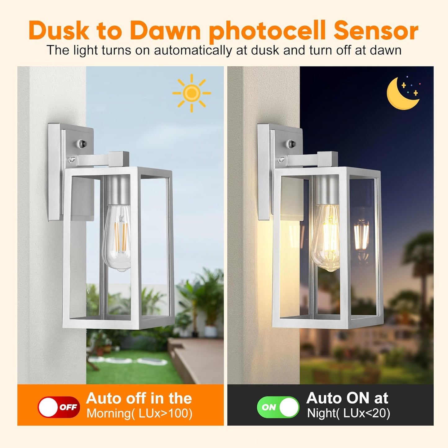 PARTPHONER Silver Dusk to Dawn Porch Lights Fixtures Wall Mount, Sensor Exterior Lighting Lamp set of 2, Anti Rust Wall Sconce, Waterproof Outdoor Wall Lantern for House Doorway, Garage, WTWL176AS2