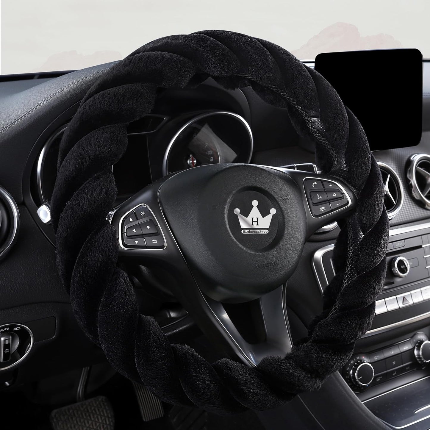 Luxury Fluffy Winter Car Steering Wheel Cover for Women Soft Warm Plush Cute Auto Accessories for Vehicle, Sedan, Universal, Fuzzy, Anti Slip, Black, Standard Size, 14.75-15.15"