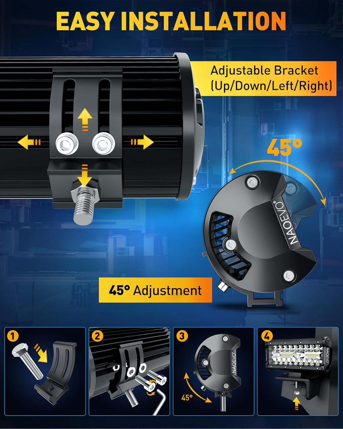 NAOEVO 7 Inch LED Light Bar, 240W 24,000LM Offroad Fog/Driving Lights LED Pods with 2 Leads Wiring Harness Kit, Spot Flood Combo Beam, Work for Truck Boat UTV ATV, 2-Pack (White)