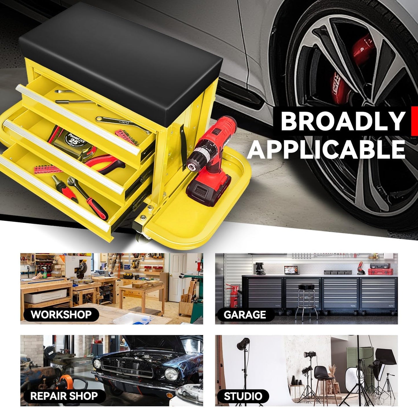 Auto Dynasty 3-Drawer Mechanic Rolling Seat, 350 LBS Capacity Roller Garage Shop Seat with Storage Tool Tray for Workshop, Repair Shop, Warehouse, Yellow