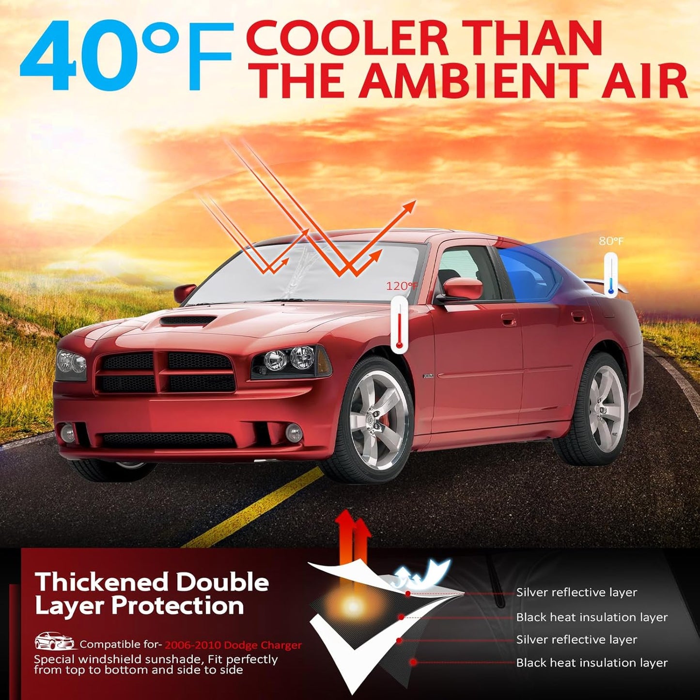 KAYZT Windshield Sun Shade for 2006-2010 Dodge Charger Foldable Sunshade Front Window Custom Fit Car Accessories