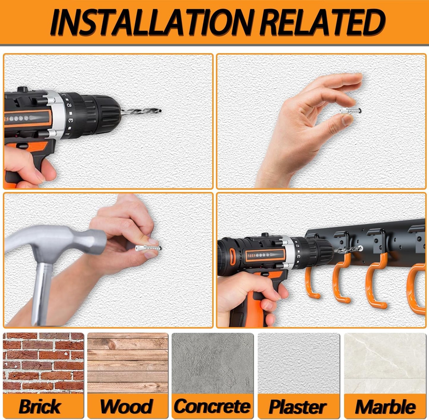 3-H 4×16" All Metal Garden Tool Organizer, Garage Tool Organizer, Broom Holder Wall Mount for Garage, Shed, Garden, Basement Hanging and Organizing Rake, Mop, Shovel, Hose