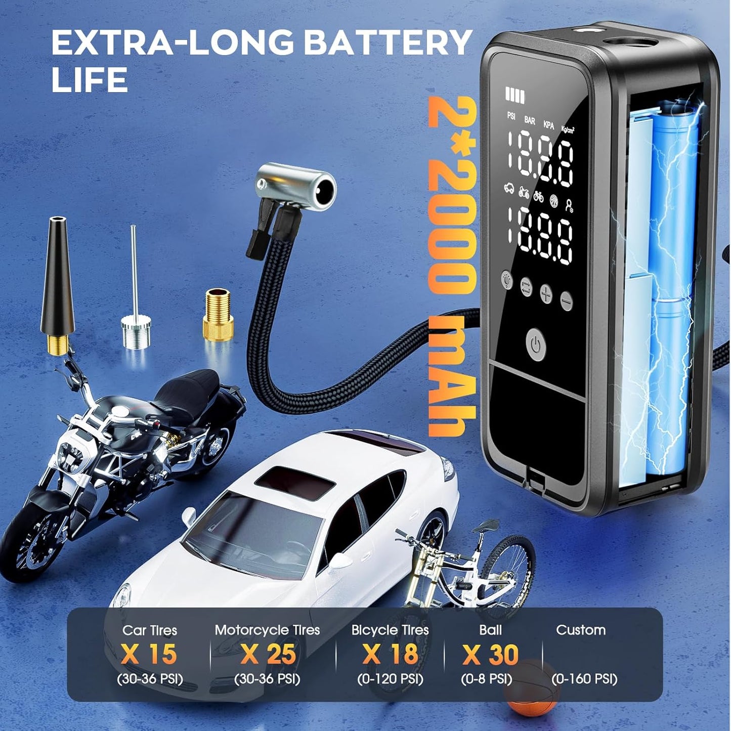Tire Inflator Portable Air Compressor, 160 PSI Air Pump for Car Tires with Digital Pressure Gauge, Bike Tire Pump with LED Light Portable Tire Inflator for Car, Bike, Motorcycle, Ball
