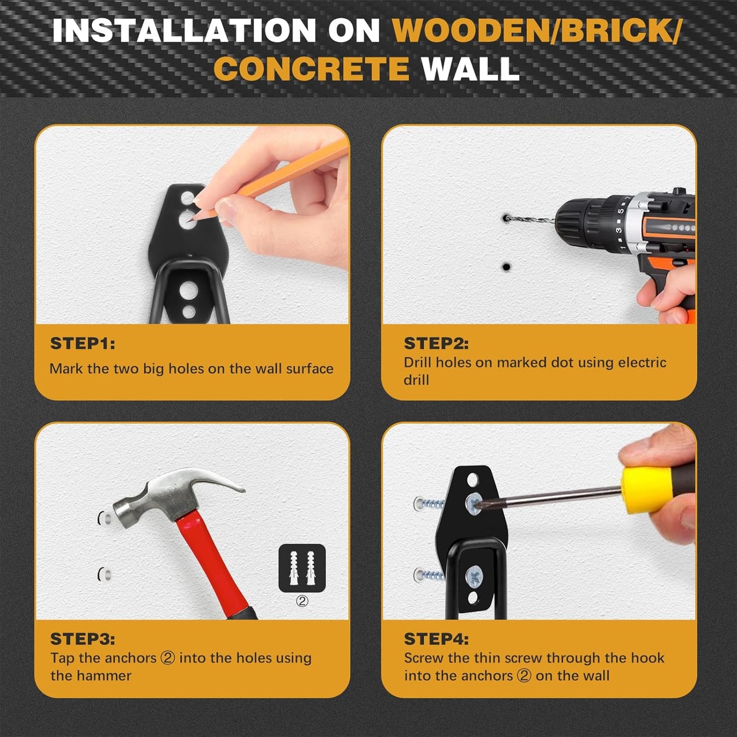 Steel Garage Storage Hooks, 16-Pack, Heavy Duty Wall Mount Hooks for Bike, Ladder, Garden Tools, Anti-Slip Coating