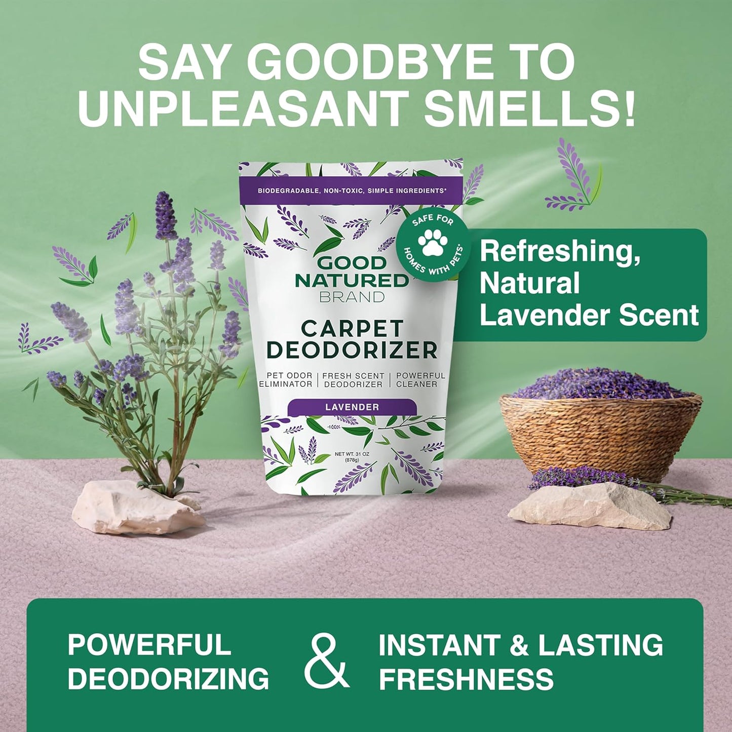 Good Natured Brand | Carpet Deodorizer & Freshener Powder | 31 oz Pet Odor Eliminator for Strong Odor & Pet Urine | Fresh Natural Lavender Scent | Safe for Homes with Pets