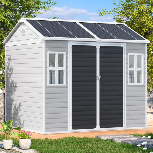 8x6 Shed Plastic Outdoor Storage with Floor Included, Waterproof Lockable Garden Shed Resin Tool Shed Cabinet