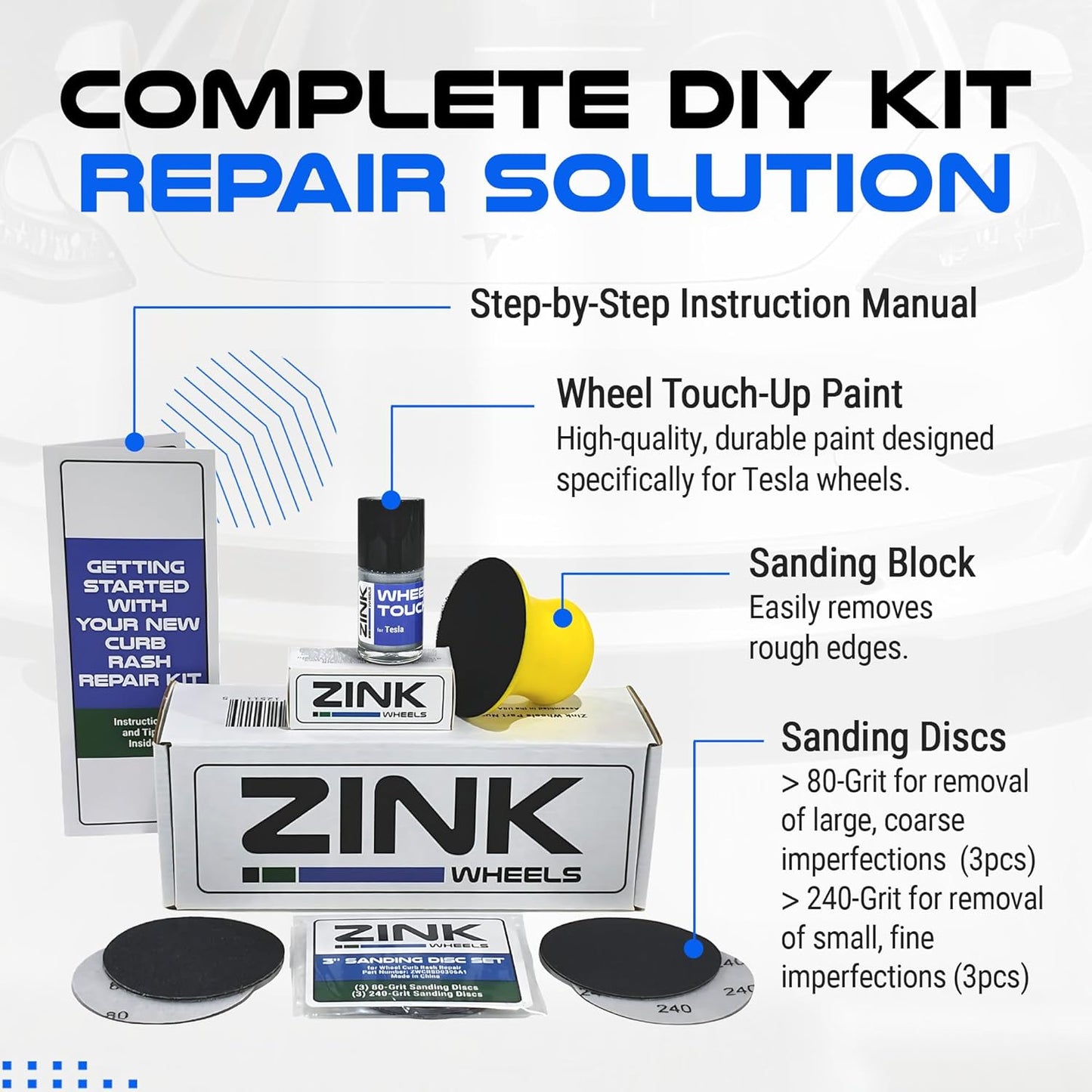 Premium Tesla Wheel Curb Rash Repair Kit for Model 3 19-inch Silver Stiletto Sport Rims - DIY Kit with Color-matched Touch Up Paint - Made in USA