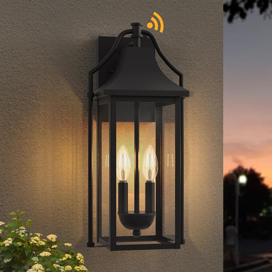 𝟏𝟖𝑰𝑵 Outdoor Wall Sconce Fixture, Dusk to Dawn Patio Lights Waterproof Exterior Lanterns, 2-Light Modern Wall Light Mounted with Glass, Black Outside Lights for House Front Door Entryway