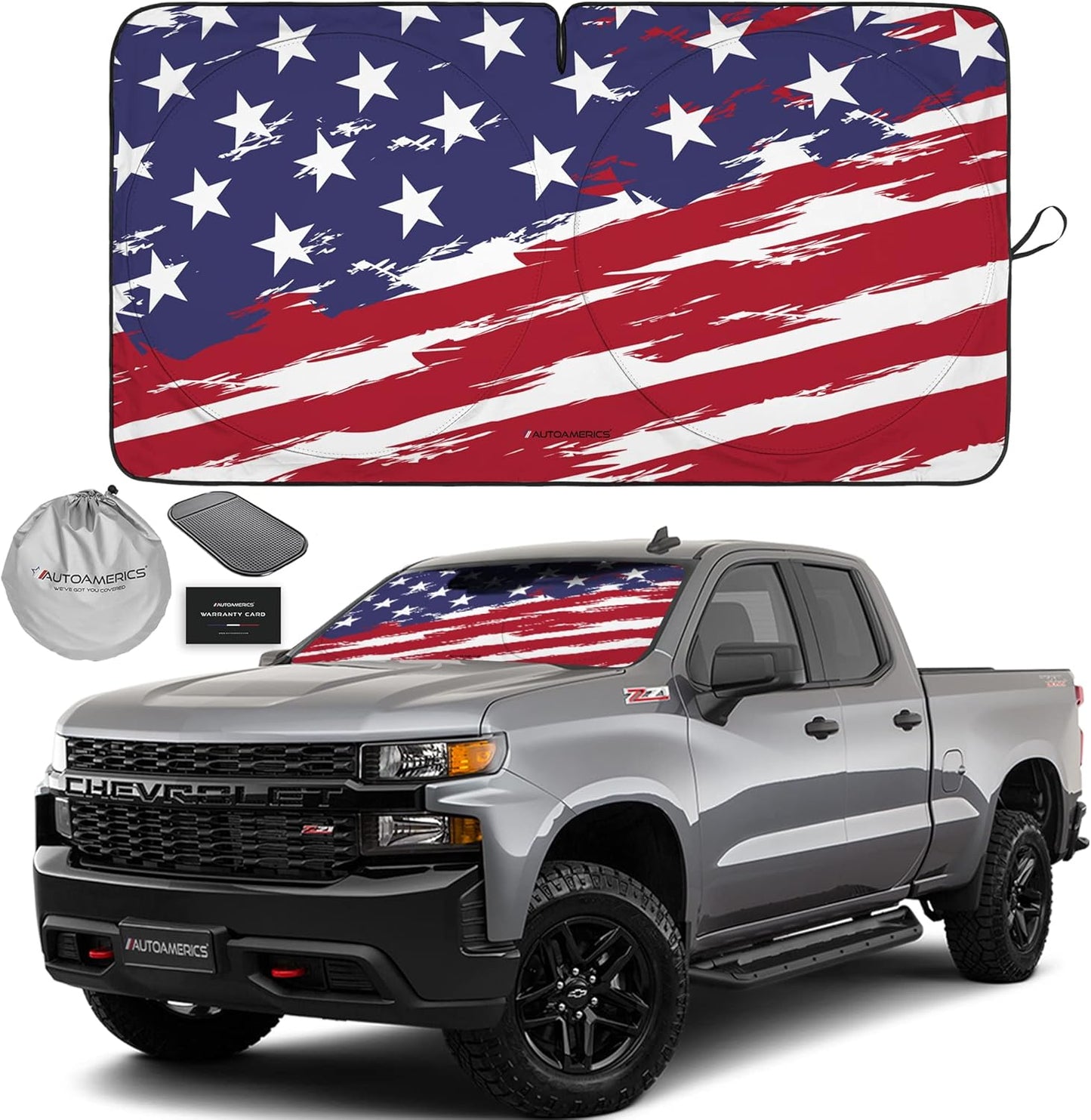 Autoamerics 1-Piece Windshield Sun Shade USA Art Flag - 2 American Design - Foldable Car Front Window Sunshade for Most Sedans SUV Truck - Blocks Max UV Rays and Keeps Your Vehicle Cool - Large