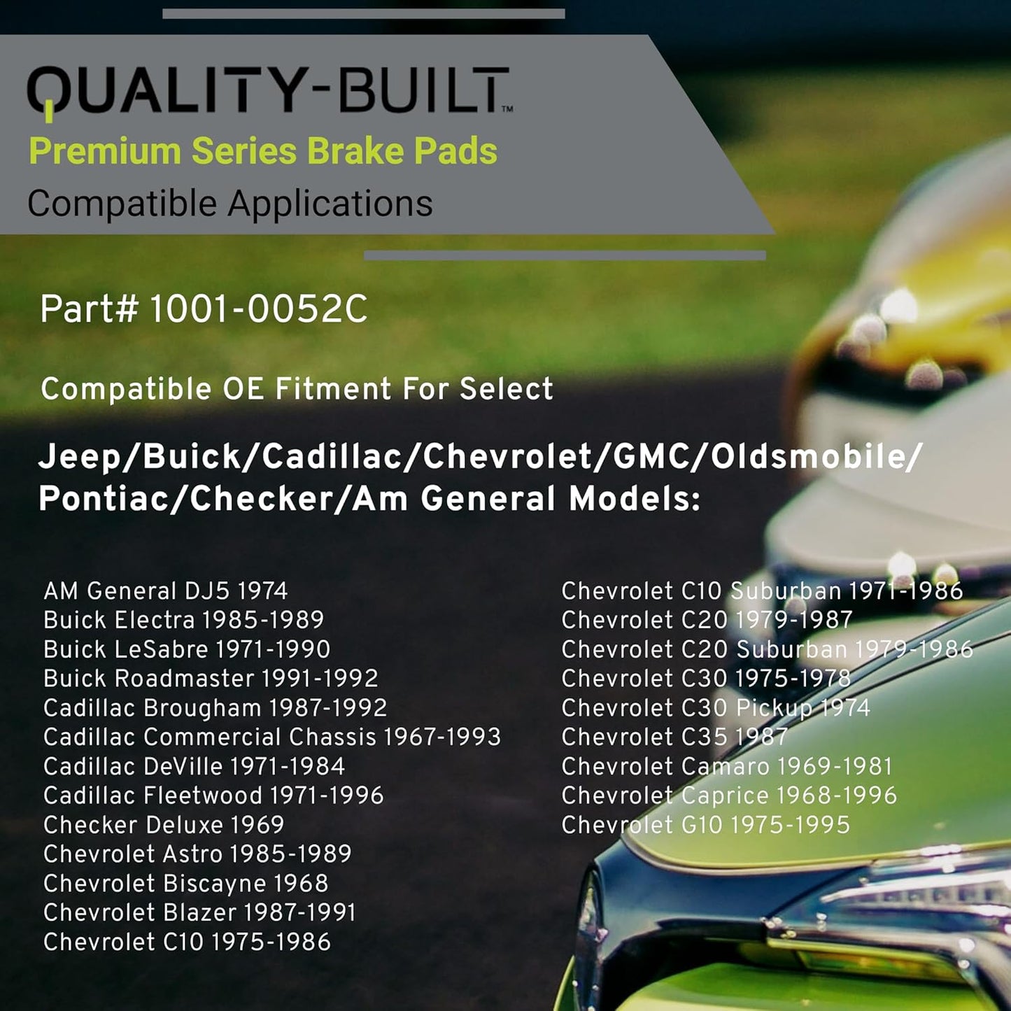 Premium Ceramic Front Brake Pads (1001-0052C) Compatible with 1967-2002 Buick/Cadillac/Chevrolet/GMC/Jeep/Oldsmobile/Pontiac (C10/C1500/C20/C2500/C30 Pickup/C35/Camaro & More)