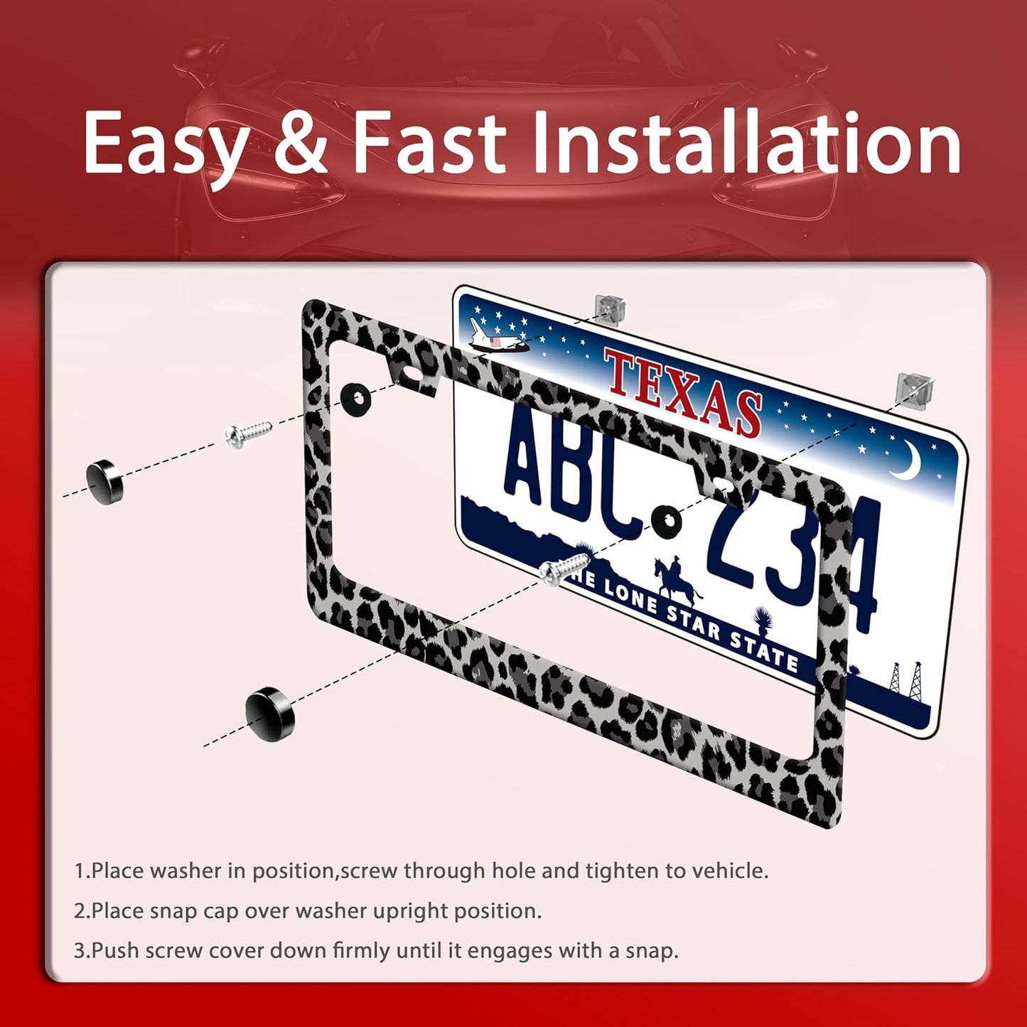 Black Gray Leopard Print License Plate Frame Beautiful Cheetah Print License Plate Holder Funny Stainless Steel Accessories Cars Decor with 2 Holes and Screws Fits Standard Us Ca Vehicles 12.2 X 6 in