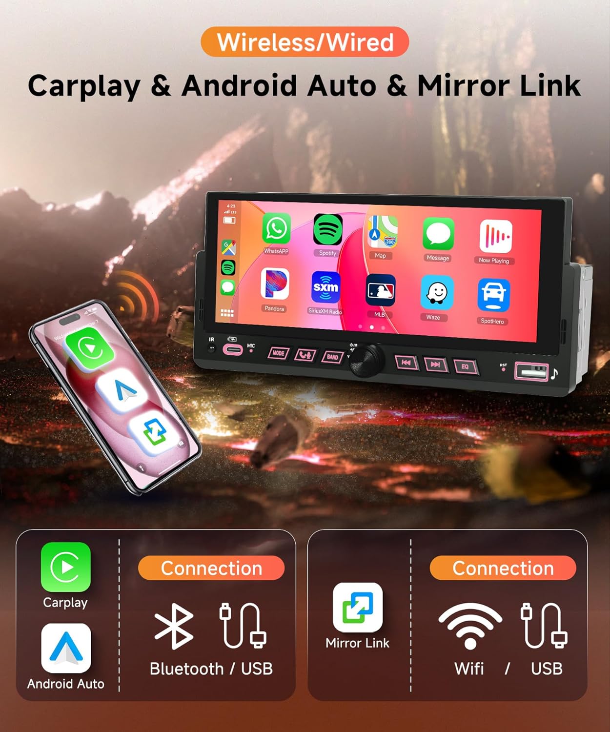 Car Stereo Single Din Wireless Carplay 6.86 inch Touch Screen Android Auto, Rimoody Car Radio with Bluetooth 5.2 Mirror Link FM/EQ USB/AUX/TF/SWC/MIC Car Audio Receiver with Backup Camera