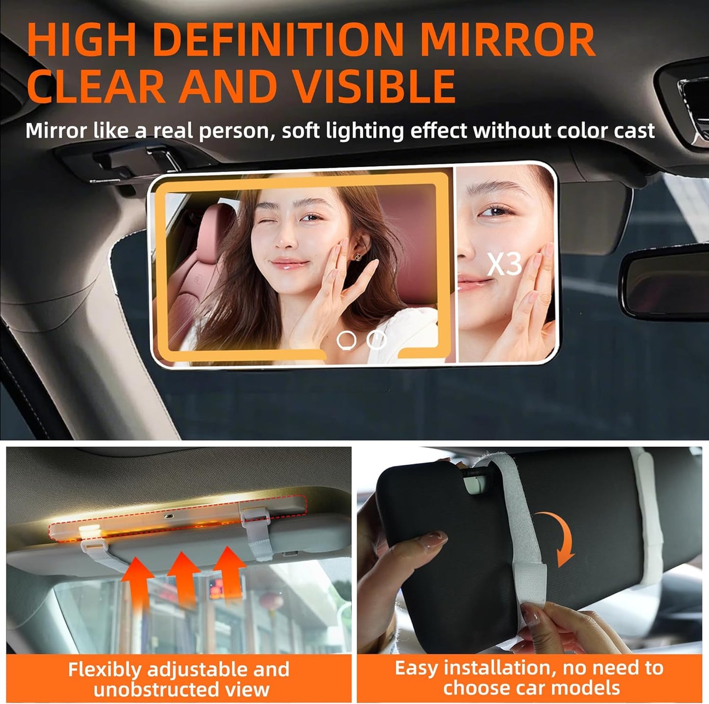 2 pack， Car Sun Visor Vanity Mirror， Rechargeable Led 3 Light Modes,Dimmable Touch Screen,Side with triple magnification mirror image (2)