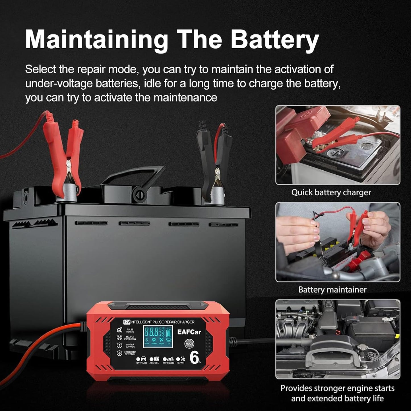 6-Amp Battery Charger, 12V Trickle Charger Car Battery Charger, Smart Automatic Lead Acid Charging with Temperature Compensation for Car Truck Lawn Mower Boat Marine(6A)