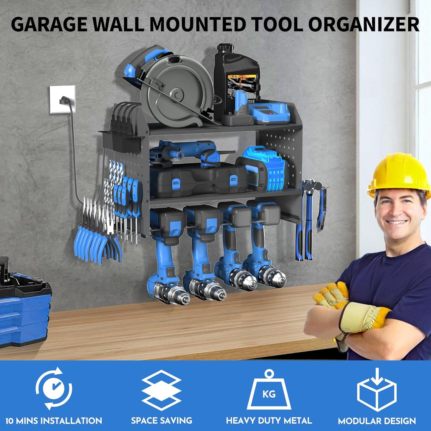 Power Tool Organizer Wall Mount – Adjustable Shelf, Side-Mounted 4-Outlet Charging Station | Heavy Duty Steel Drill Holder with Pegboards, Hooks & Drill Bit Rack for Garage & Workshop Storage