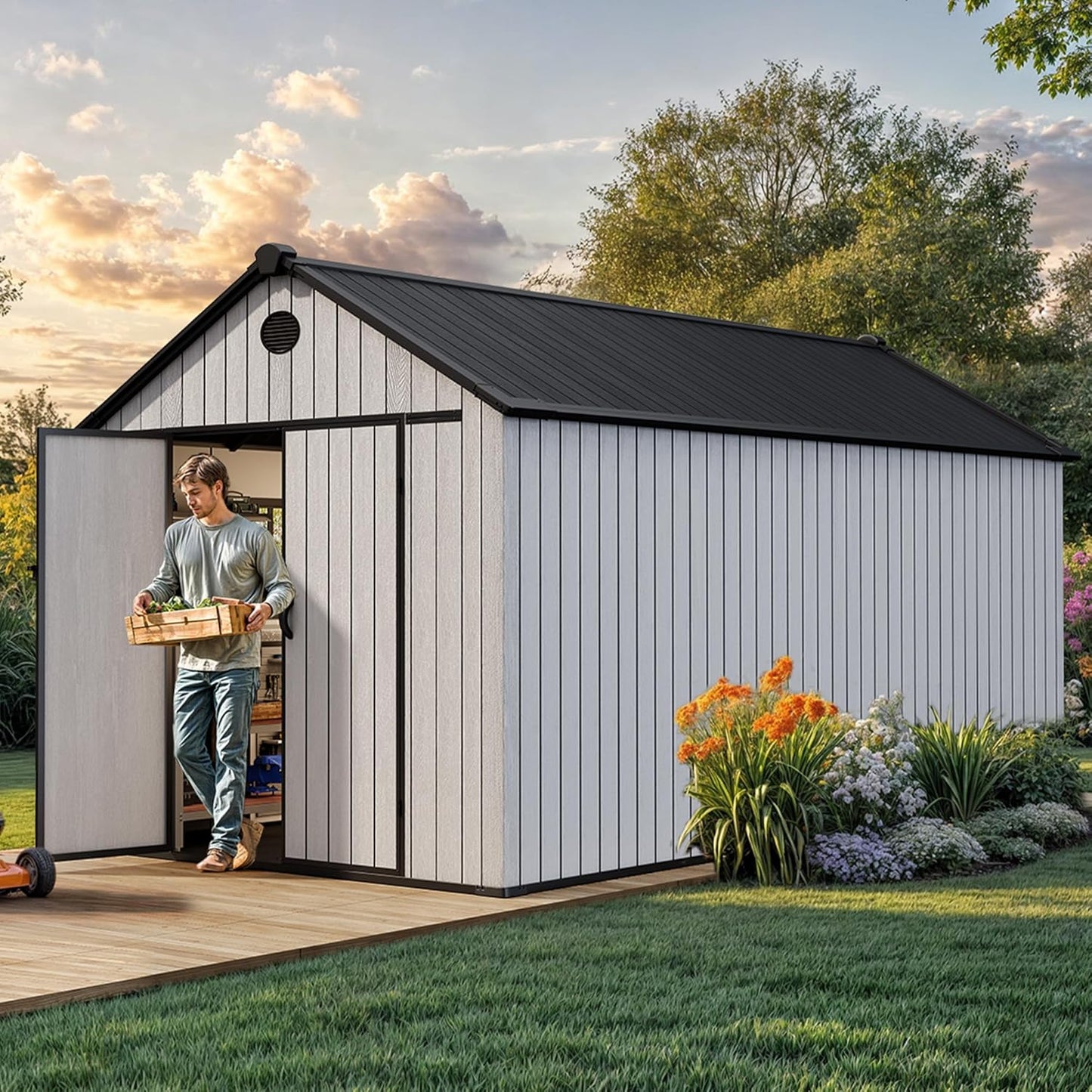 YITAHOME 8x16 FT Outdoor Storage Shed with Floor, Waterproof Plastic Garden Shed with Lockable Doors, 2 Vents & 3 Windows, 875 cu. ft. Resin Shed for Tools, Bikes, Patio or Backyard, Gray