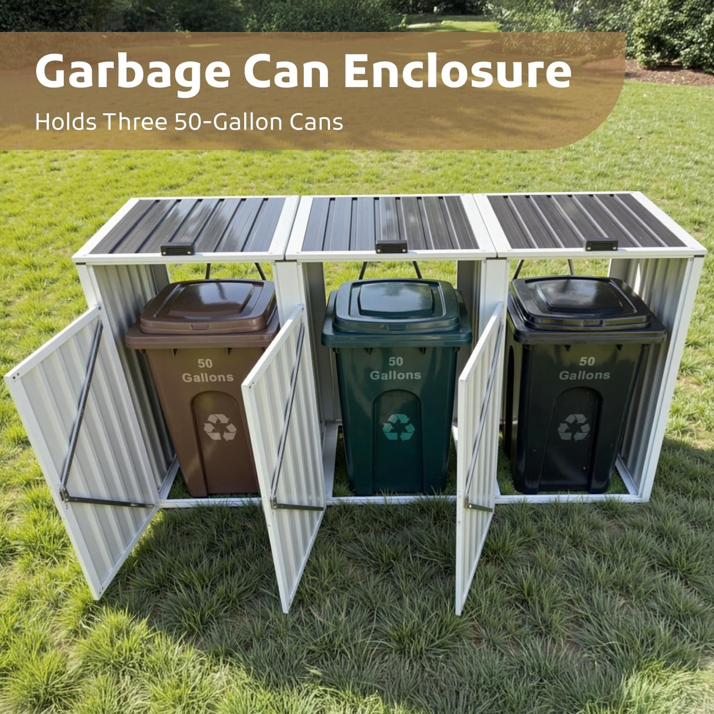 7.3' x 2.7' Metal Storage Shed Outdoor, Waterproof Garbage Can Enclosure for Three 50-Gallon Cans, Perfect for Garden, Backyard, Poolside and Lawn