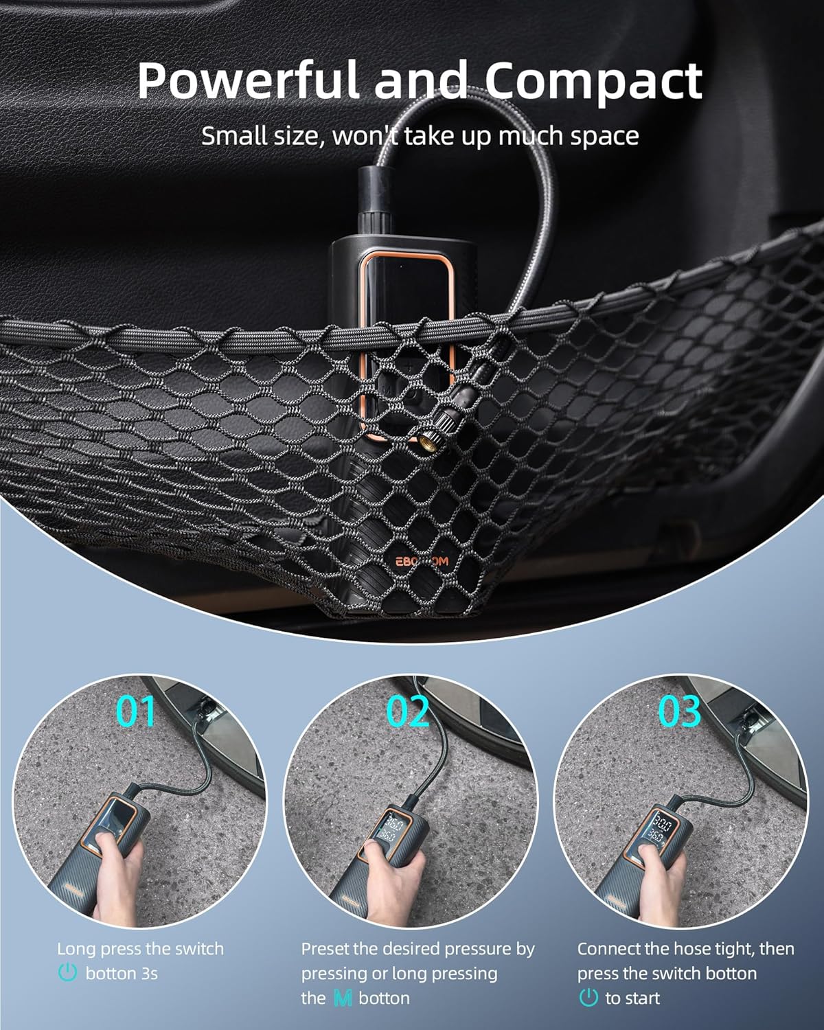 Tire Inflator Portable Air Compressor, Car Air Pump with Pressure Gauge, 150 PSI Cordless Tire Inflator Rechargeable with Display & LED for Car, Motocycle, Bikes, Balls, Swim Ring